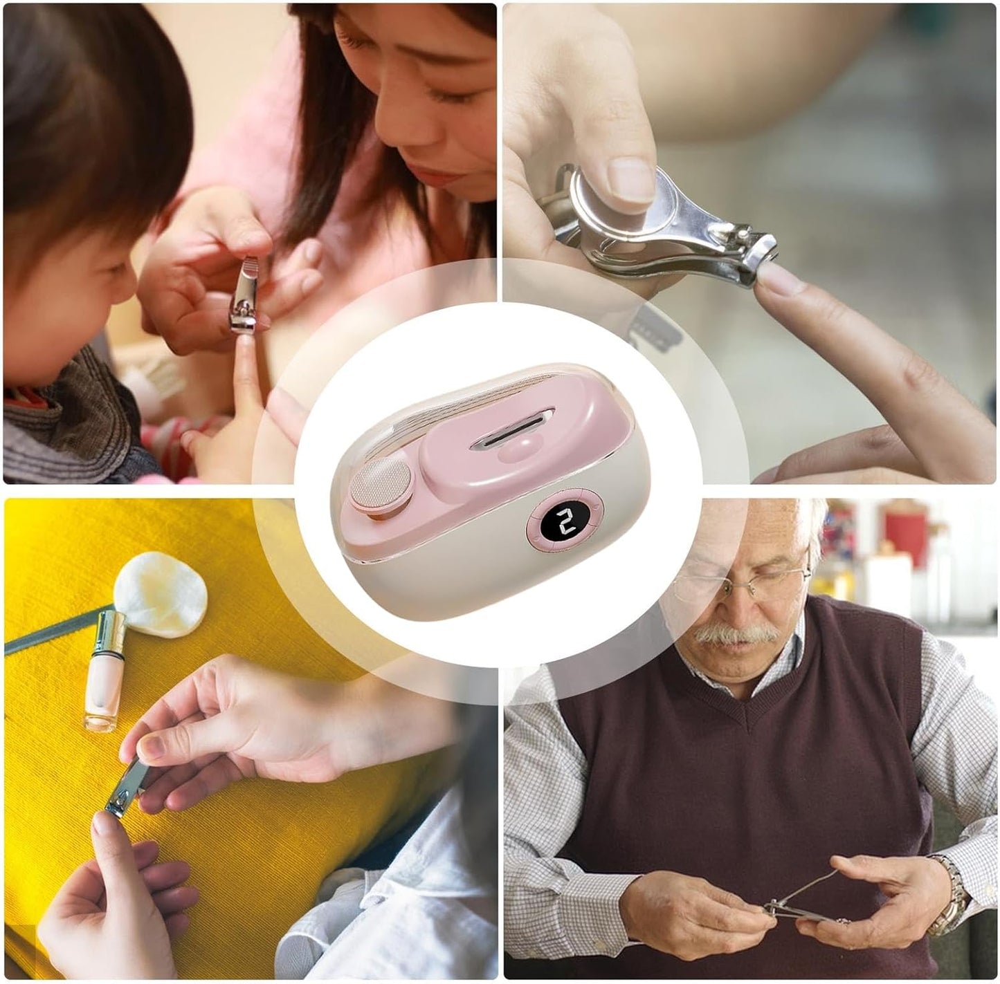 Electric Nail Clippers for Seniors - Automatic Nail Clipper | USB Rechargeable Fingernail Trimmer | LED Nail Clippers with 3-Speed Settings & Scraps Storage for Travel Home