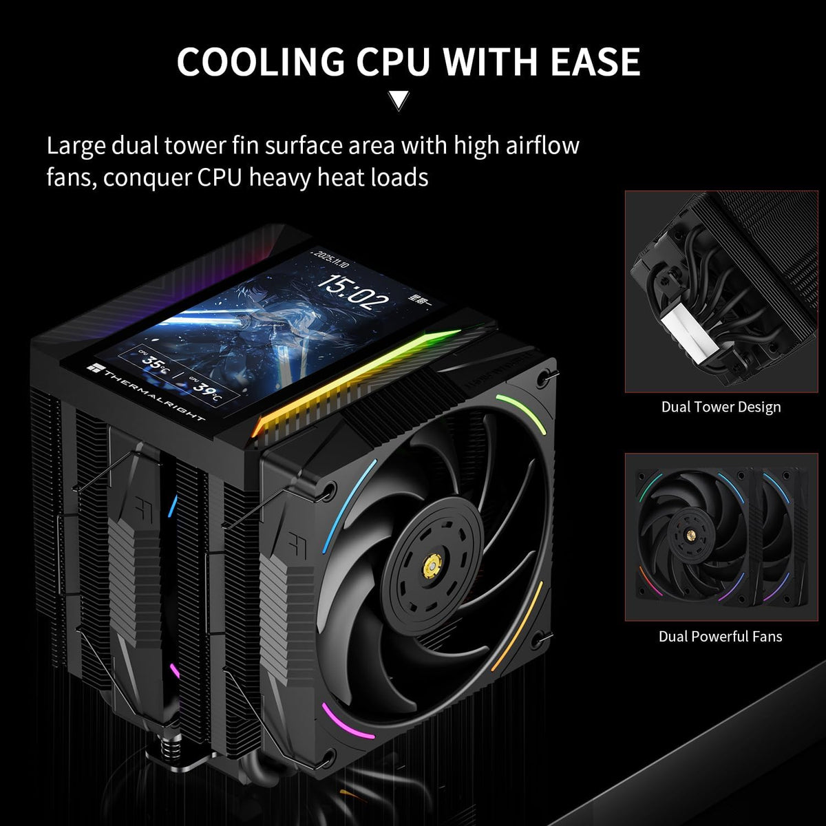 Thermalright Peerless Assassin 120 Vision MAX ARGB Black CPU Air Cooler,PC Heatsink Cooler with Dual PWM Fans,PC Display Screen Cooler of 5’’-Magnetic,480x854 Resolving,for LGA1851/1700,AM5