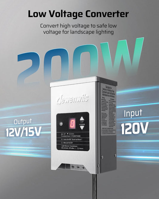DEWENWILS 200W Low Voltage Landscape Transformer with Photocell Sensor, 120V AC to 12V/15V AC, Low Voltage Transformer for Landscape Lights, LED Outdoor Lights, Spotlight, Stainless Steel, ETL Listed - PuriLite