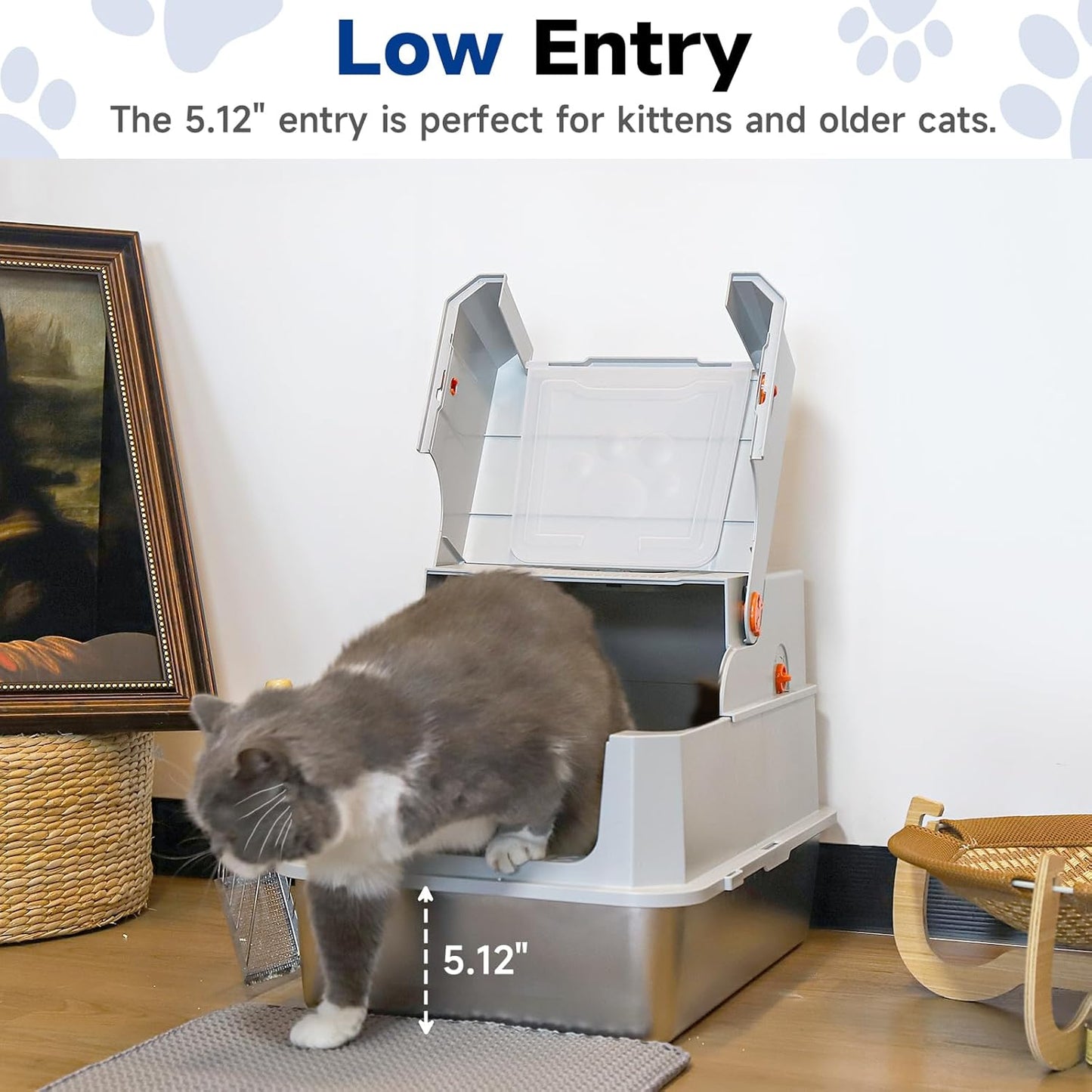 TENTIZON Stainless Steel Cat Litter Box, Extra Large Enclosed Kitty Litter Box with Removable Lid, Scoop, Pedal, XL High Sided Metal Litter Pan for Kitten, Big Cats Up to 11KG