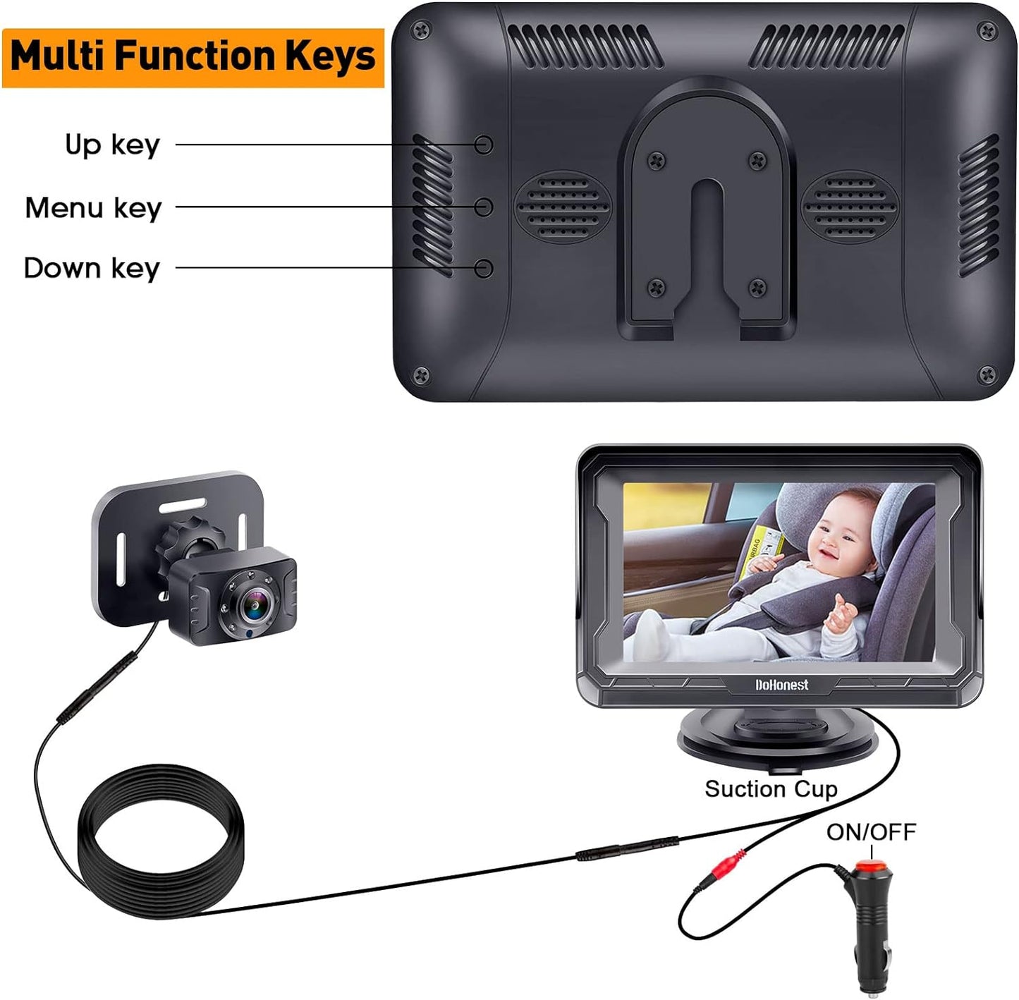 DoHonest Baby Car Camera for Backseat: HD 1080P Easy Setup Carseat Camera Rear Facing Infant - Clear Night Vision 360° Rotating Baby Car Monitor