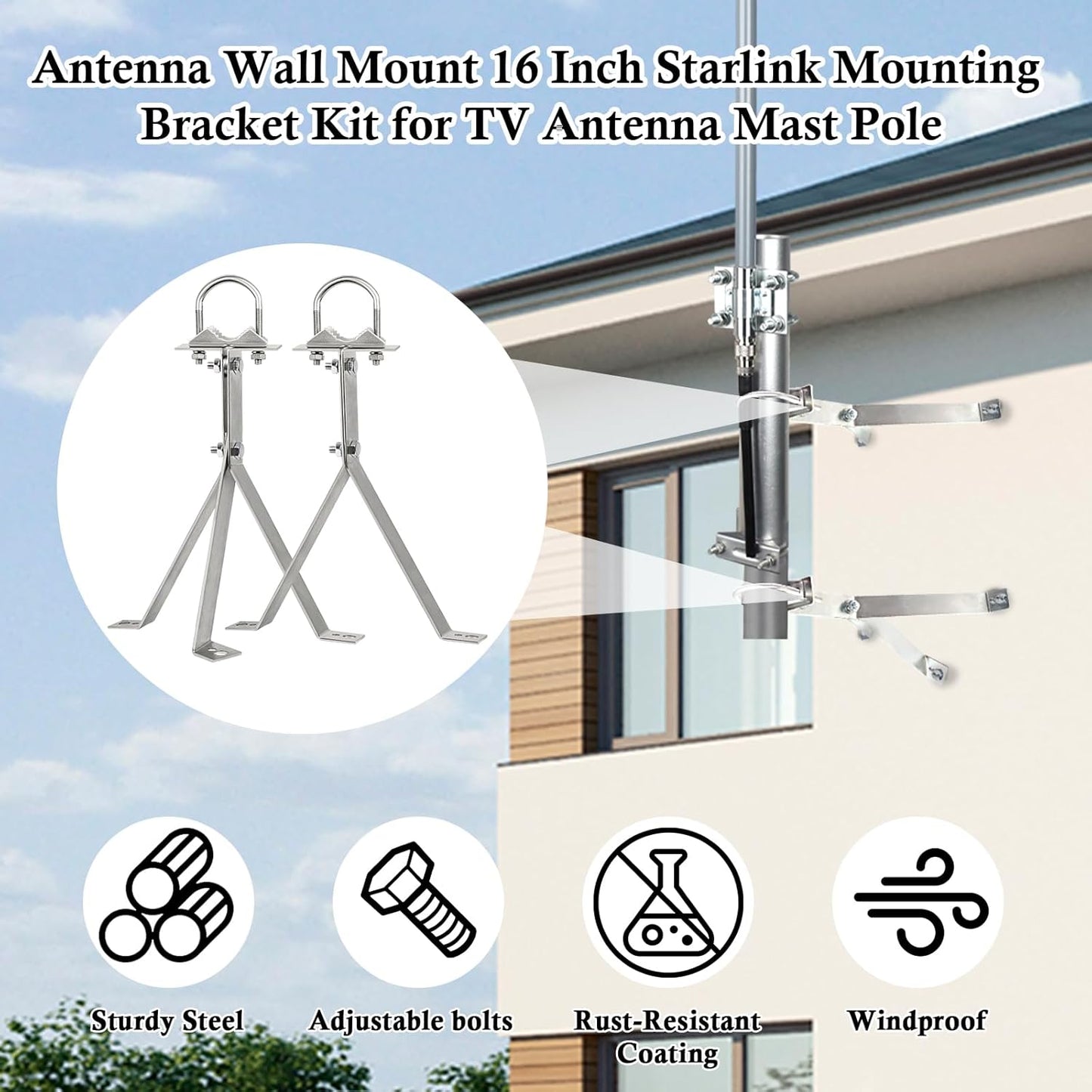 XRDS-RF 16 Inch Heavy-Duty Wall Mount Stand Off Mast for TV Antenna - Windproof Mounting Bracket (2-Leg + 2-Leg)