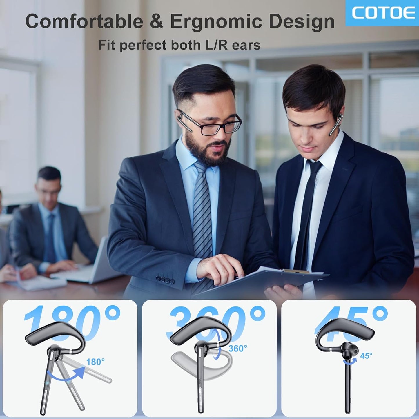 Bluetooth Headset, Bluetooth Earpiece V5.3 with Noise Cancelling Mic, Wireless Headset Hands-Free with High Capacity Battery LED Display Charging Case, Single Ear Headphones for Office/Trucker