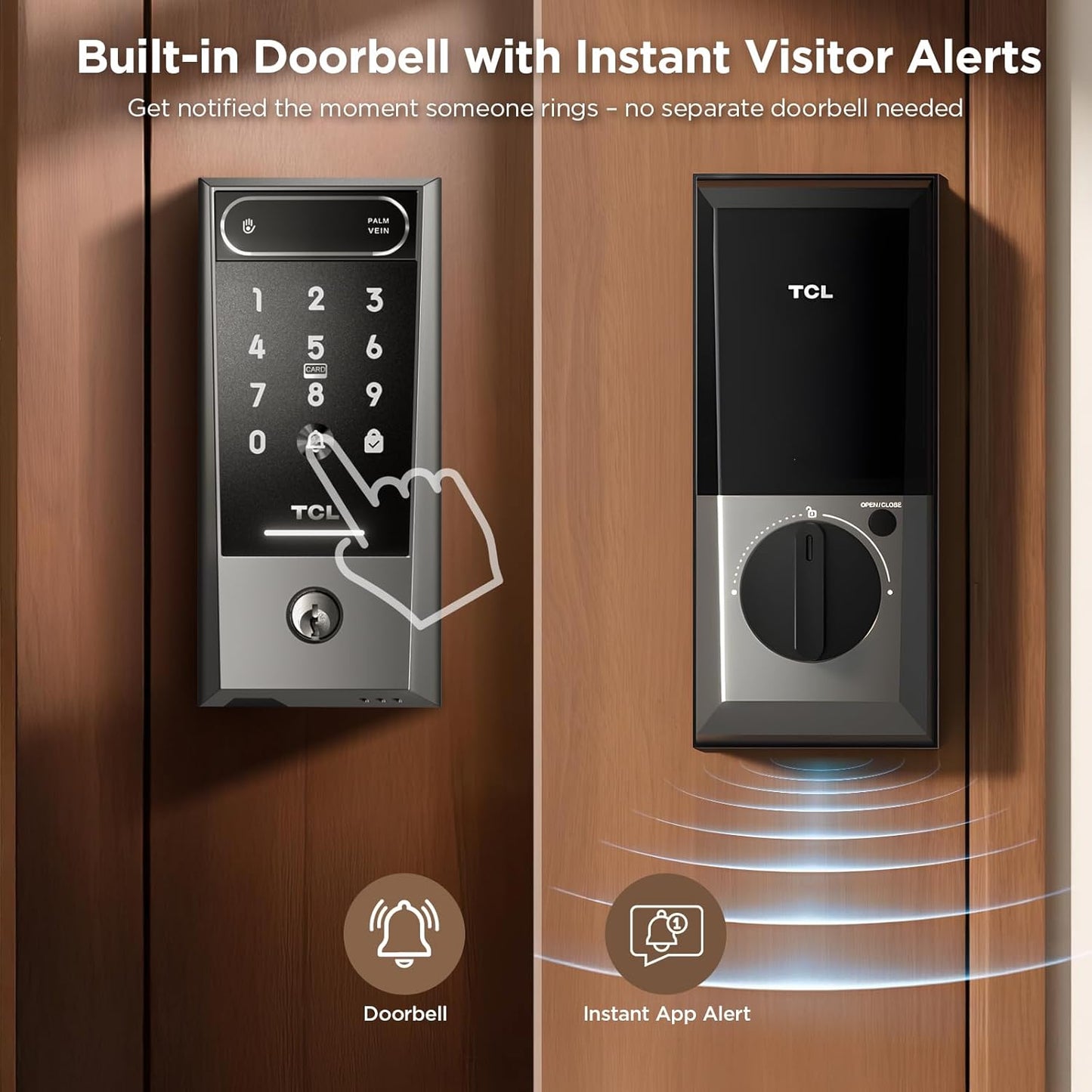 TCL Smart Lock D2 Pro, AI Palm Vein Recognition Built-in Doorbell Door Lock, Keyless Entry Security Electronic Deadbolt for Front Door, Works with Alexa, Auto Lock, Voice Control, Easy Install