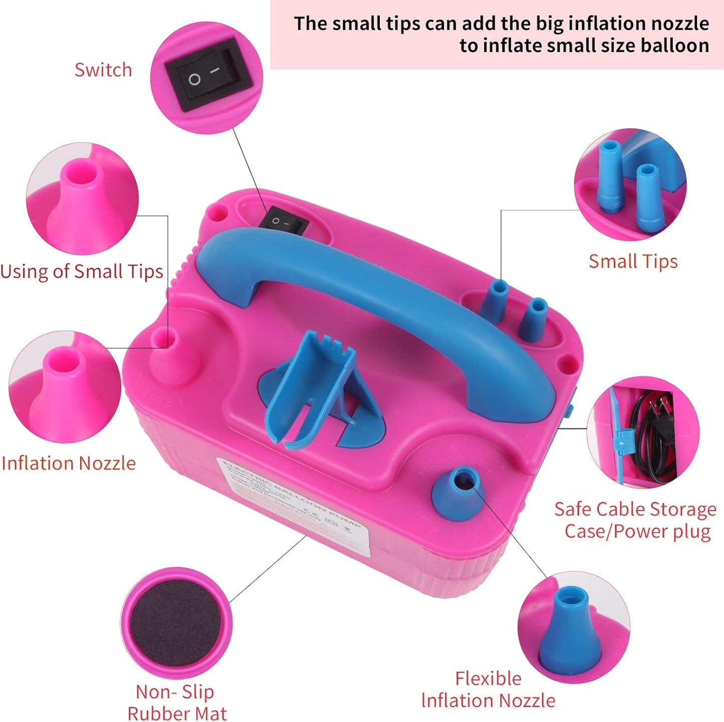 Electric Balloon Pump,Balloon Inflator, Dual Nozzle Electric Air Pump,Balloon Pump Balloons Blower 110V 600W for Party Decoration with Gifts:2 Balloon Tying Tools (Rose red)