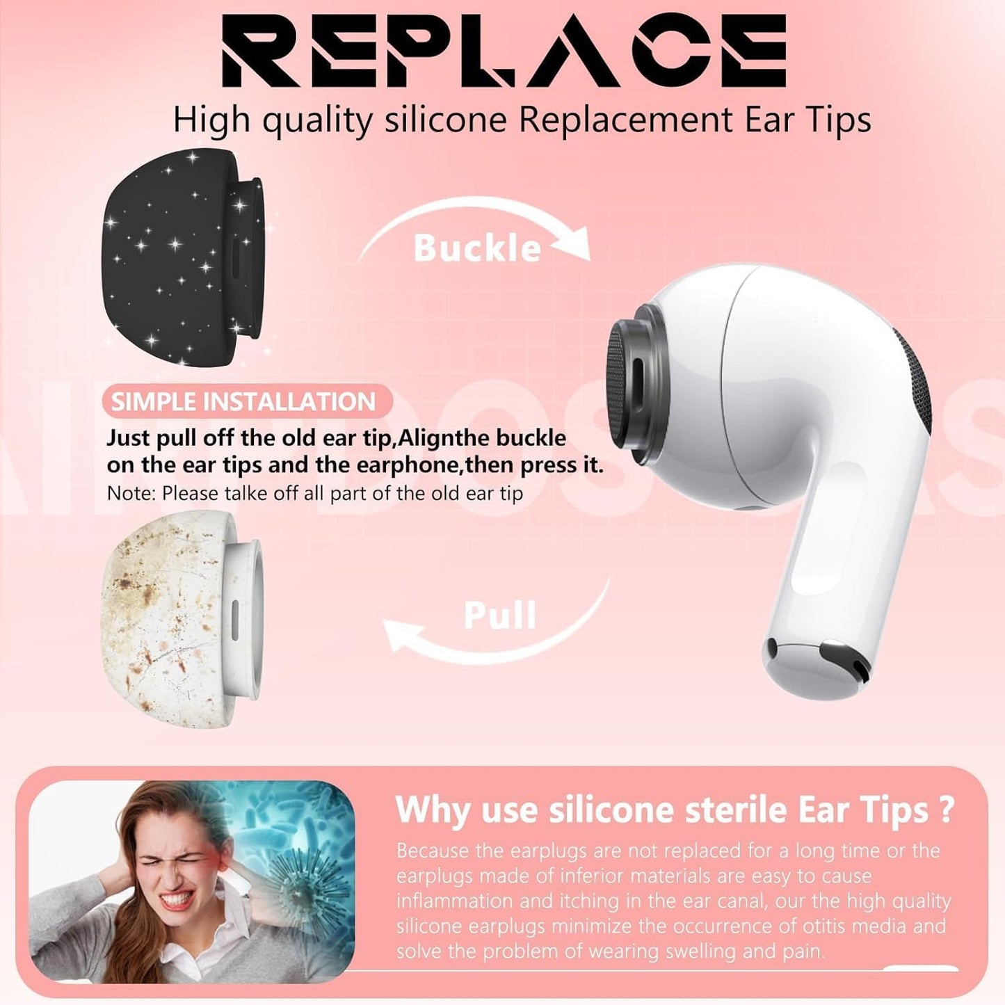 4 Pairs Replacement Ear Tips for AirPods Pro 2nd/1st Generation with Portable Storage Box & Cleaner Pen,Noise Reduction Holewith & Built-in dust Guard Screen,Silicone Ear Tips for AirPods Pro (White)