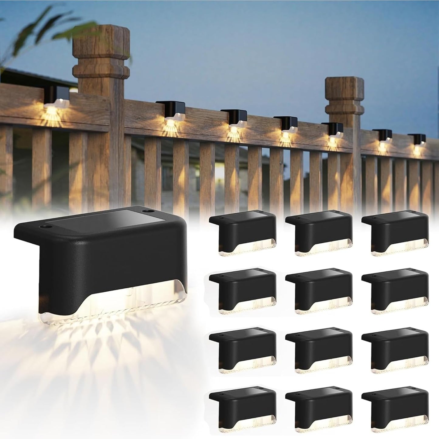 Solar Deck Lights 16 Pack Solar Fence Light Solar Powered Outdoor Step Light IP65 Waterproof LED Solar Pathway Light for Deck Fence Railing Garden Patio StairYard, Black