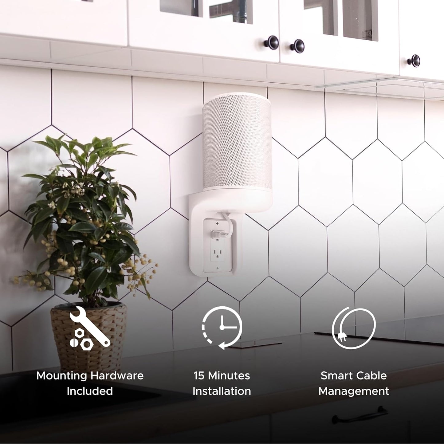 ERA100 Shelf Wall Outlet AC, White, Home, Compatible with Sonos ERA 100, Plug Mount Organizer, Bathroom, Kitchen, Bedrooms, Cord Management, Easy Installation, Mounting Kit Included