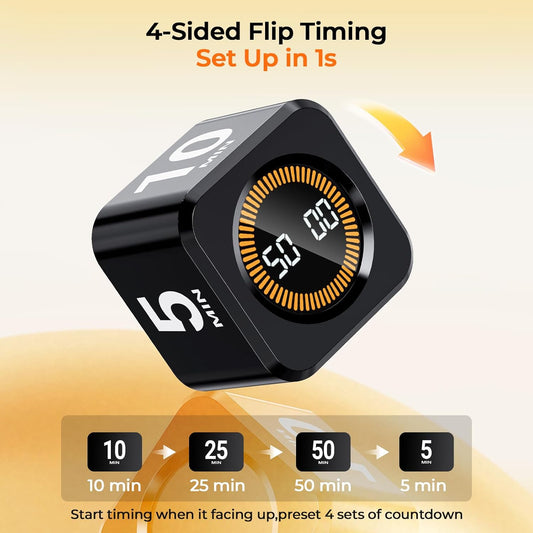 Visual Pomodoro Timer Cube – Adjustable Productivity Timer with LED Display, Gravity-Sensing Presets, USB-C Rechargeable, Focus & Time Management Tool for Work, Study, ADHD, Office, Kitchen