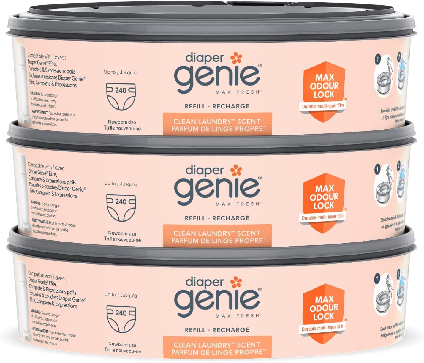 Diaper Genie Max Fresh Clean Laundry Scent Diaper Disposal Pail Refills, Pack Of 3