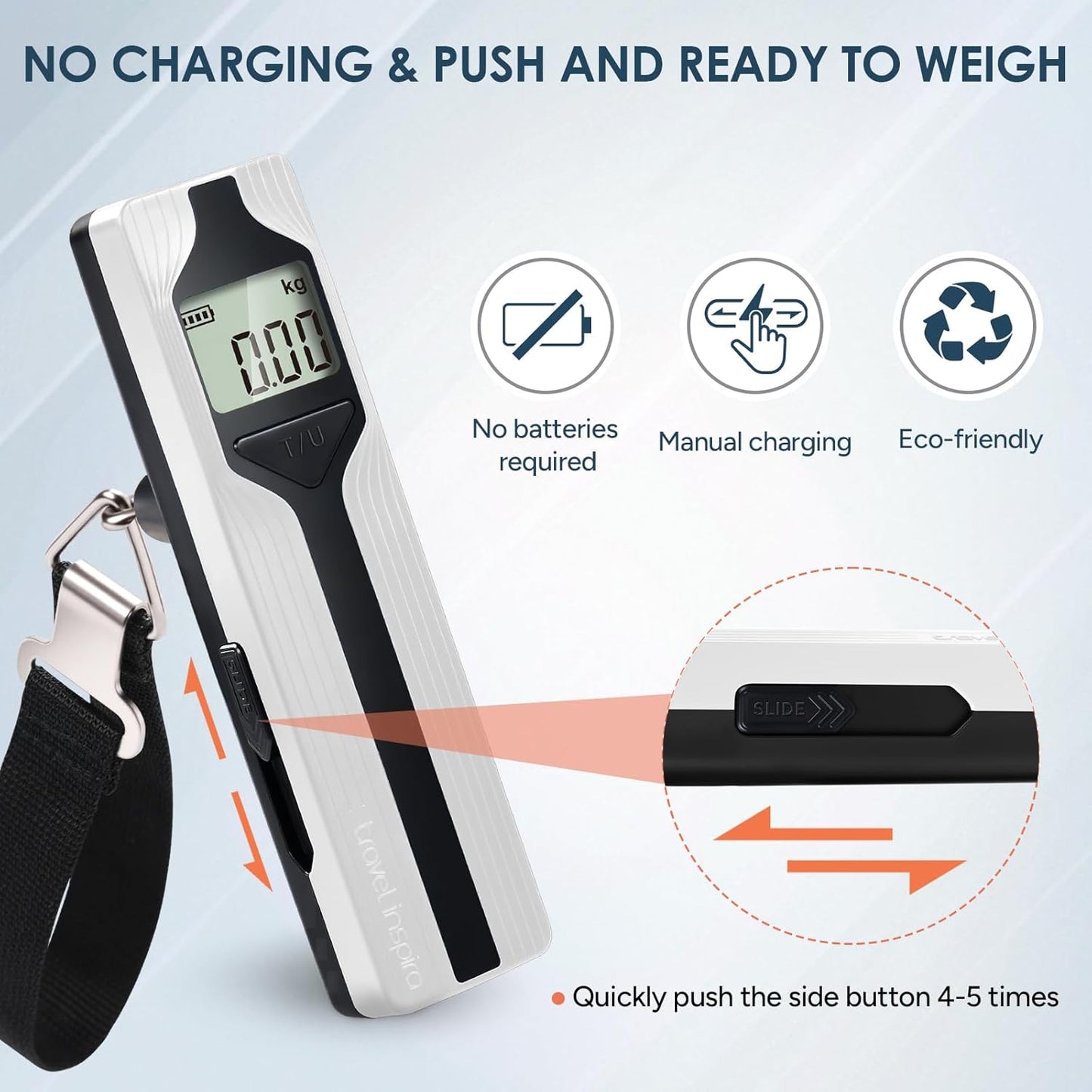 travel inspira Luggage Scale Battery-Free, Travel Essentials, Portable Handheld Digital Suitcase Weight Scale for for Travel Accessories, 110lbs/50kg (Gray)