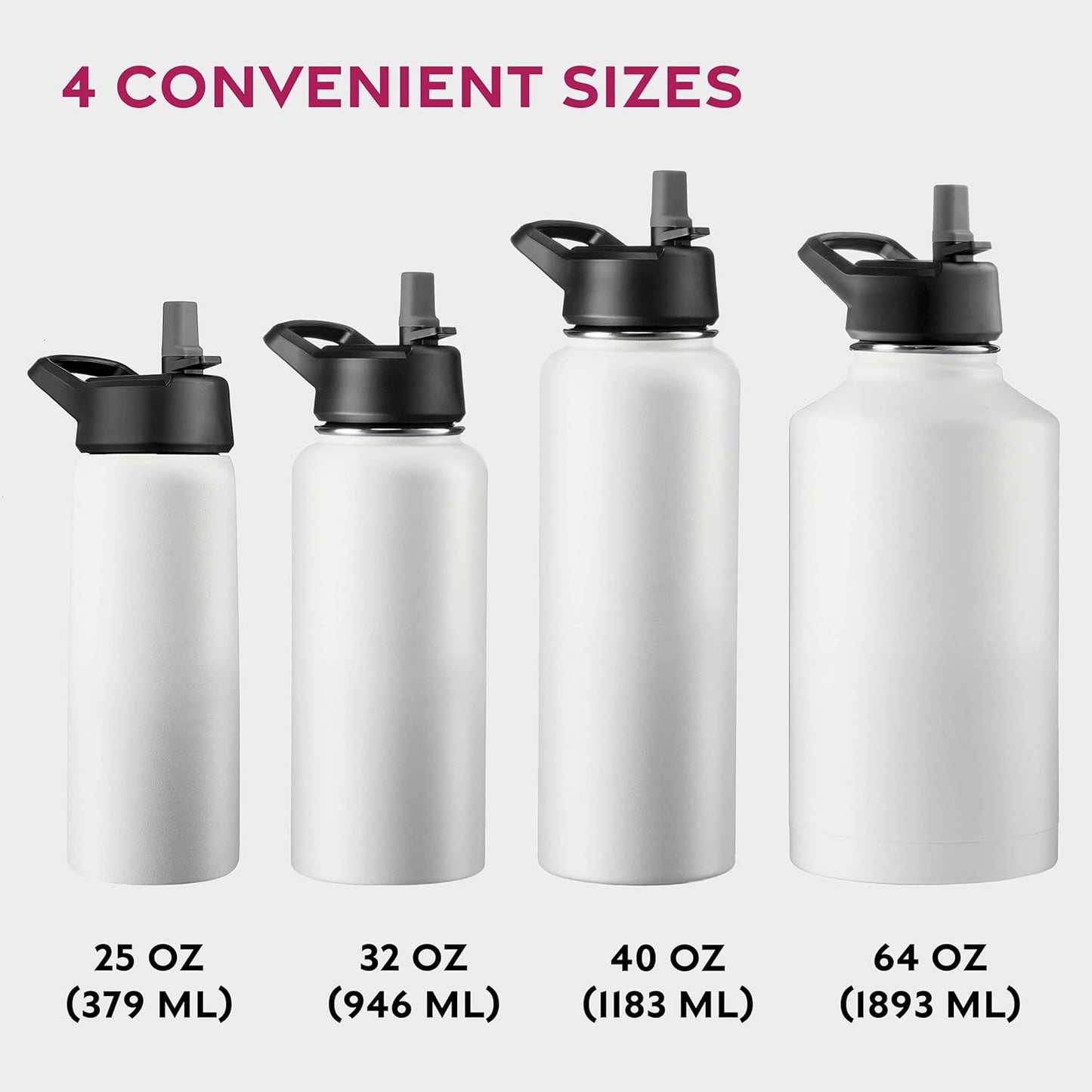 FineDine Water Bottle - Stainless Steel Insulated Water Bottle with Straw Lid, Flip Lid & Wide-Mouth Cap - Keeps Hot and Cold - 25 Oz / 739ml - Pure Pearly White