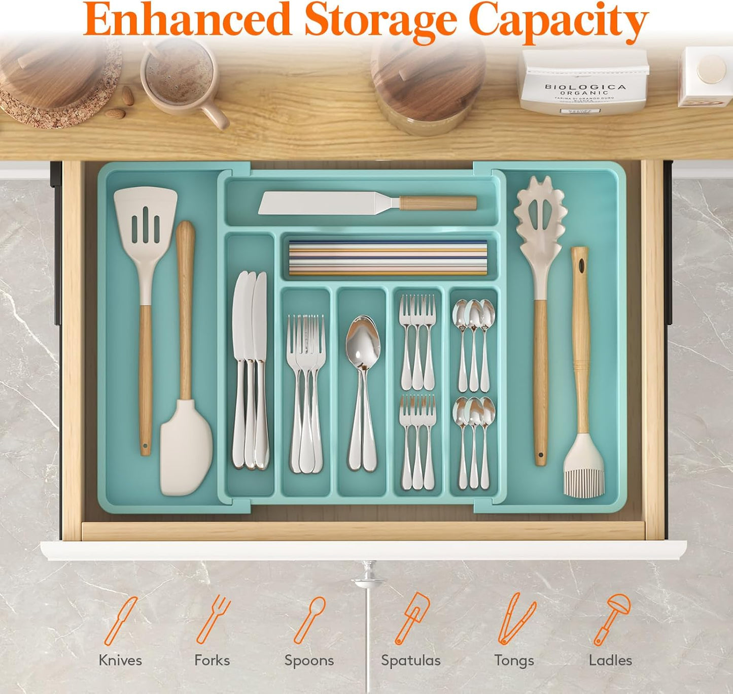 Lifewit Cutlery Organizer, Expandable Utensil Organizer for Kitchen, Utensil Holder, Adjustable Cutlery Rack Organizer for Spoons, Knives, Kitchen Organizers and Storage, Black