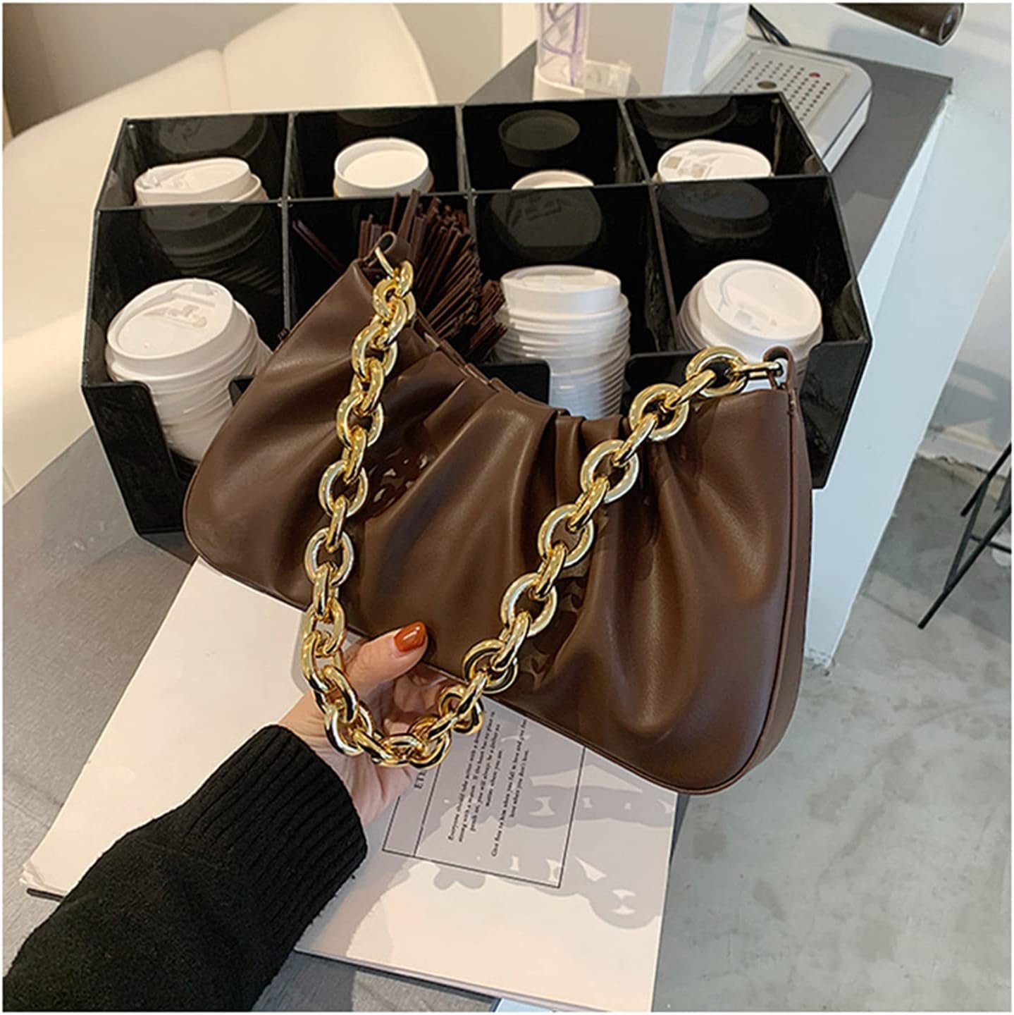 JOLLQUE Shoulder Bag for Women,Small Leather Handbag Purse,Gold Chain Evening Clutch