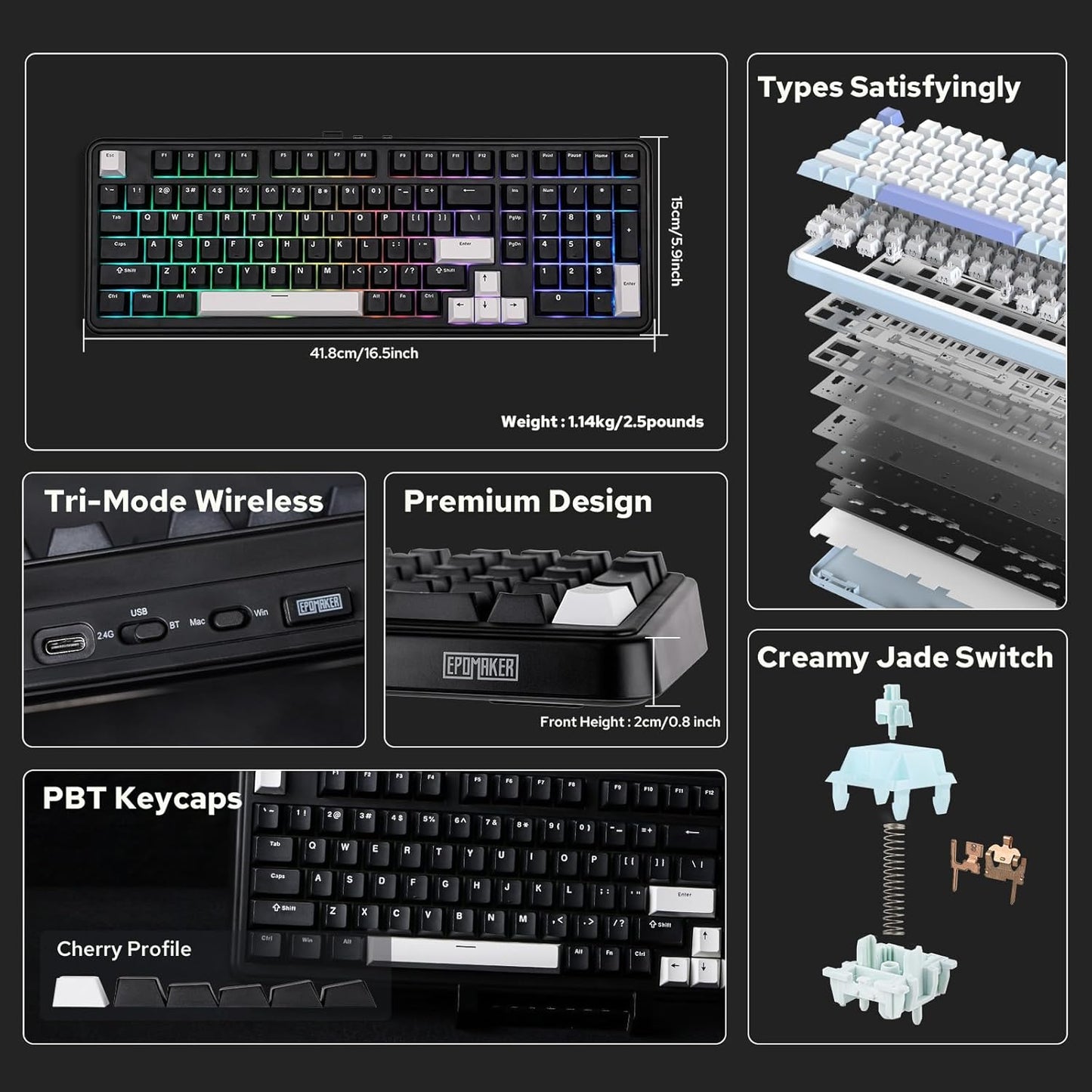 EPOMAKER TH99 Tri-Mode Wireless Mechanical Keyboard with 8000mAh Battery, Hot Swappable Custom RGB Gaming Keyboard with Numpad, Gasket Creamy for PC/Mac/Office (Blue&White)