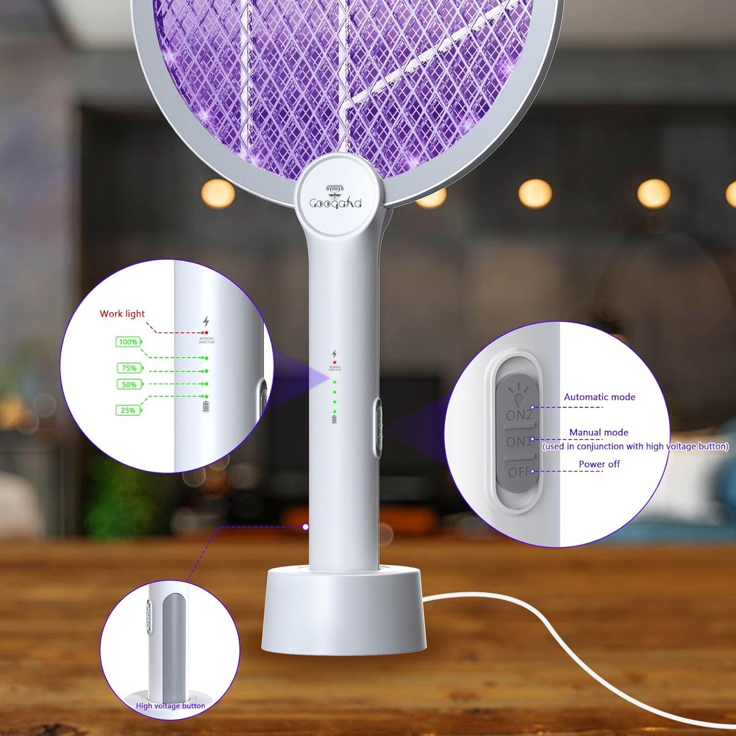 Gooqand Bug Zapper Racket, 2 in 1 Electric Fly Swatte with 3 Layer Safety Mesh, 4000V Fly Zapper with USB Rechargeable, Indoor Outdoor Fly Racket for Bedroom, Kitchen, Camping