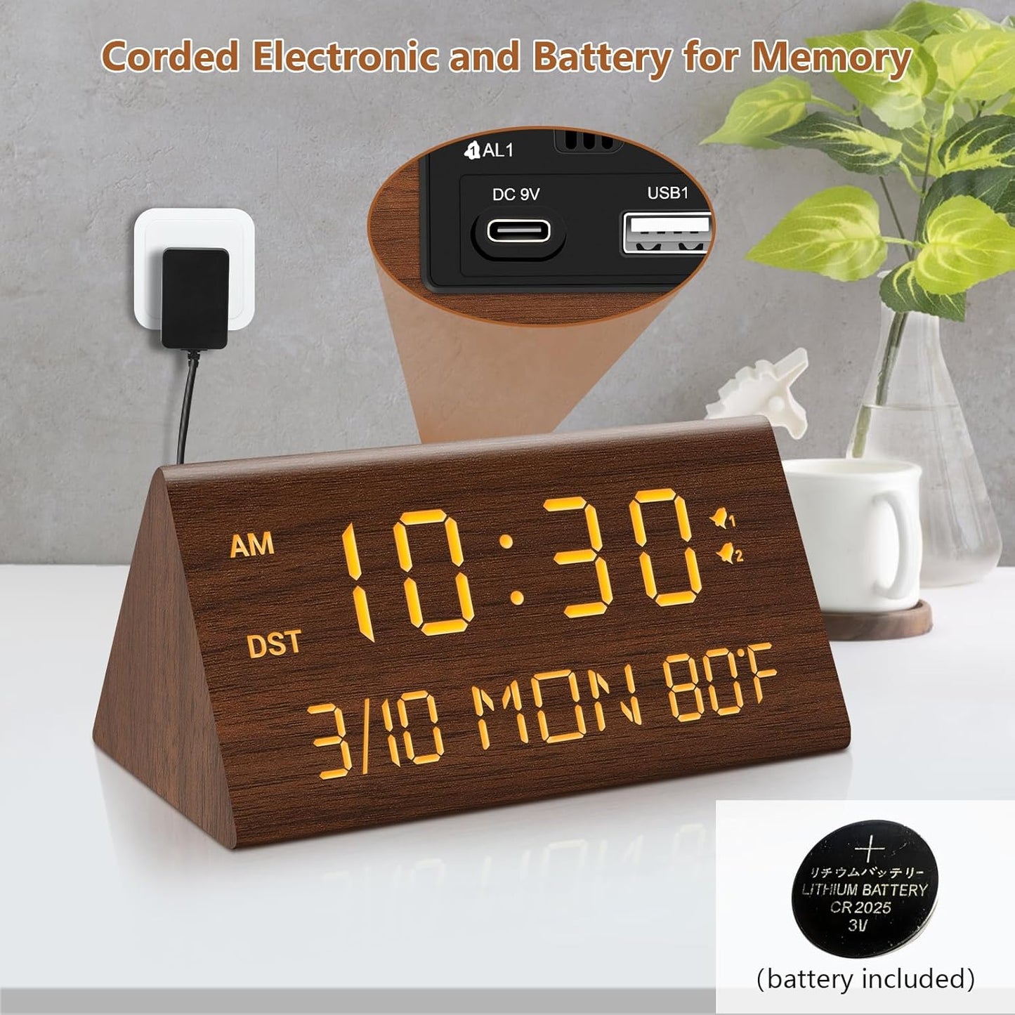 Kogonee Wooden Digital Alarm Clock, 0-100% Dimmer, 2 Alarm Settings, Weekday/Everyday Mode, 9 Mins Snooze, 12/24H, Temperature and Date Display for Office, Travel, Bedroom Alarm Clock (White)