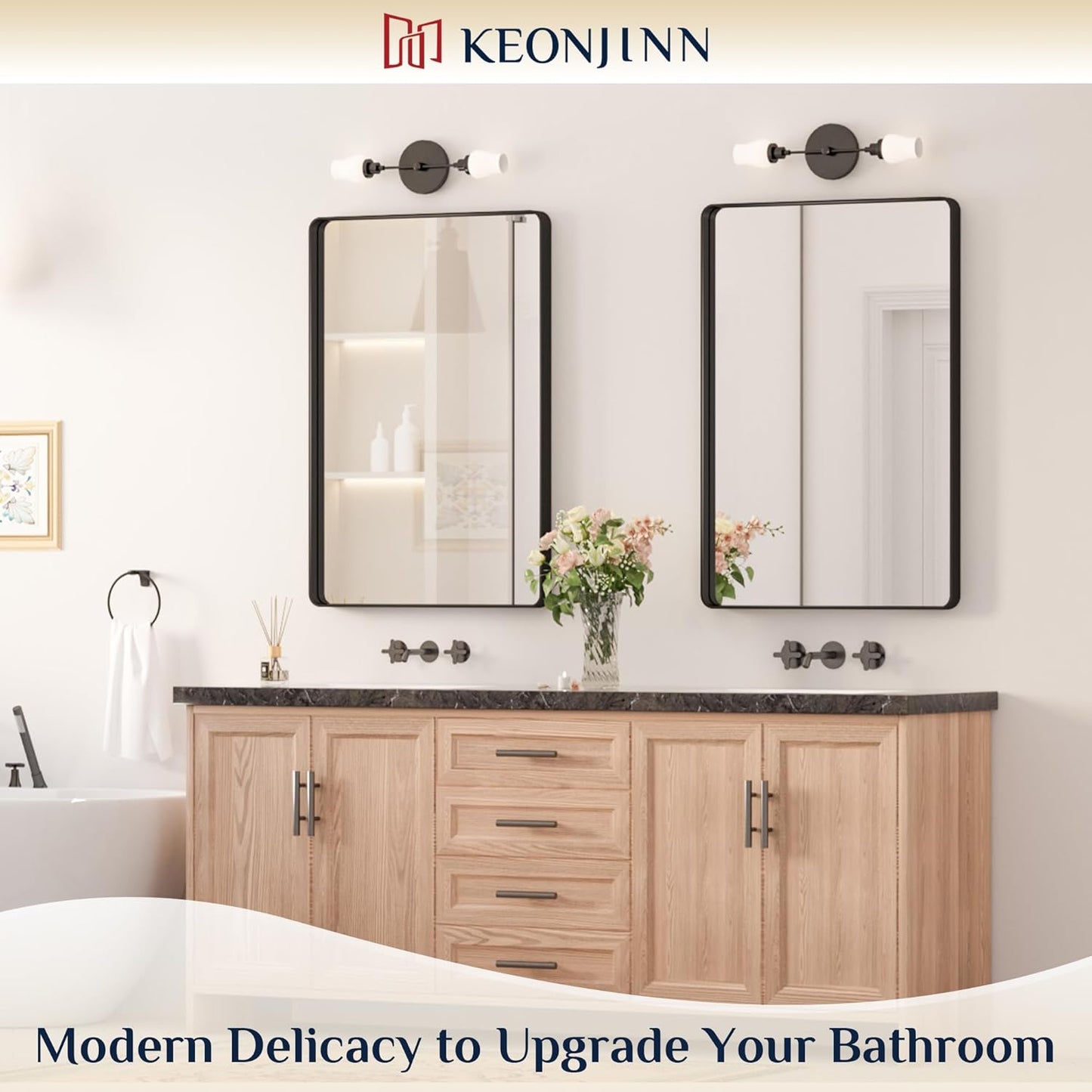 Keonjinn 42 x 36 Brushed Nickel Bathroom Vanity Mirror, Large Rounded Rectangle Bathroom Mirrors for over Sink, Metal Framed Silver Mirror for Wall, Shatterproof HD Tempered Glass(Horizontal/Vertical)