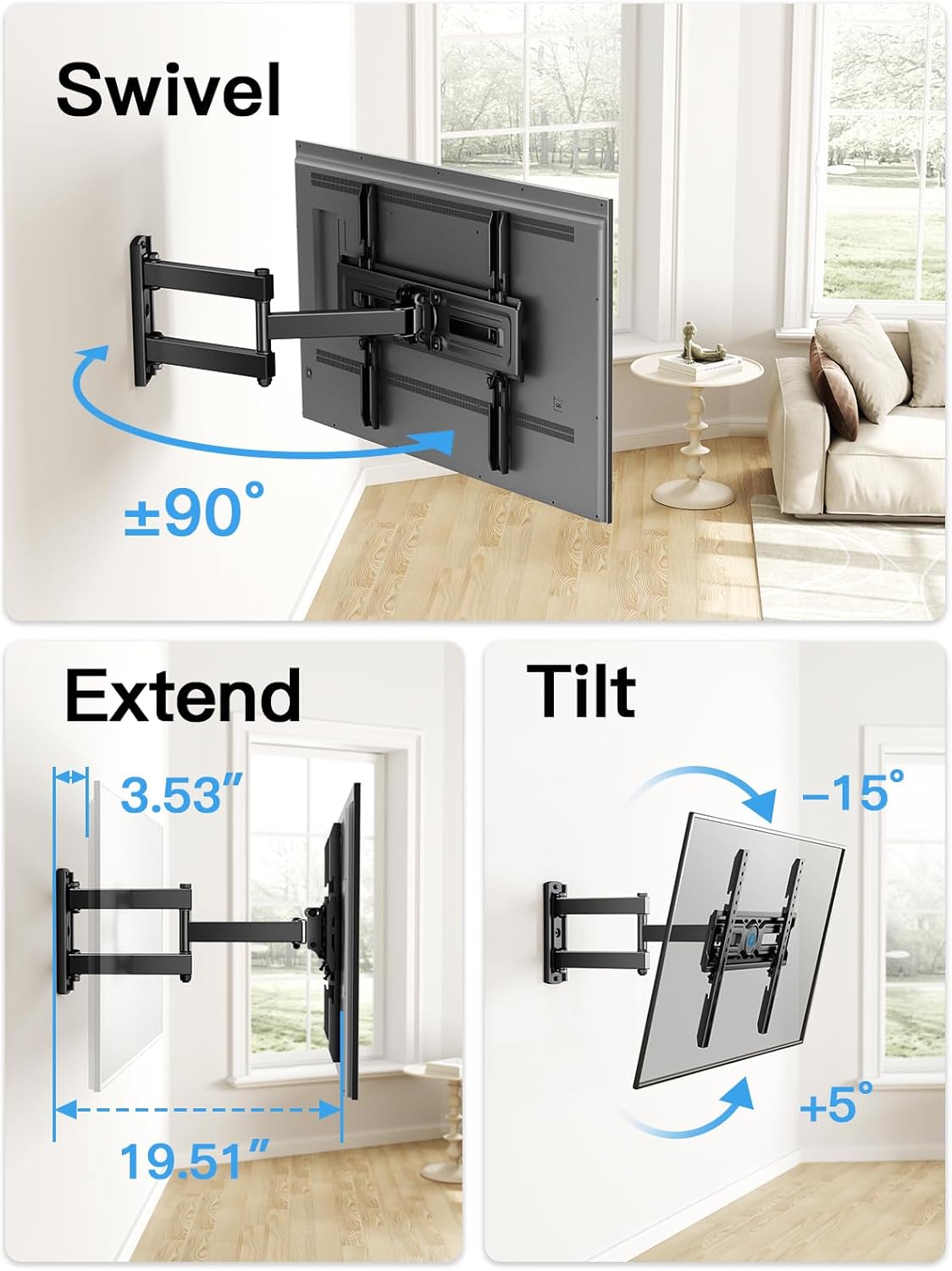 Pipishell Full Motion TV Wall Mount for 26-60 inch Flat & Curved TVs, Height Adjustable Corner Wall Mount Bracket with Articulating Arm, Swivel Extension Tilt, Max VESA 400x400mm up to 77lbs, PIMF9
