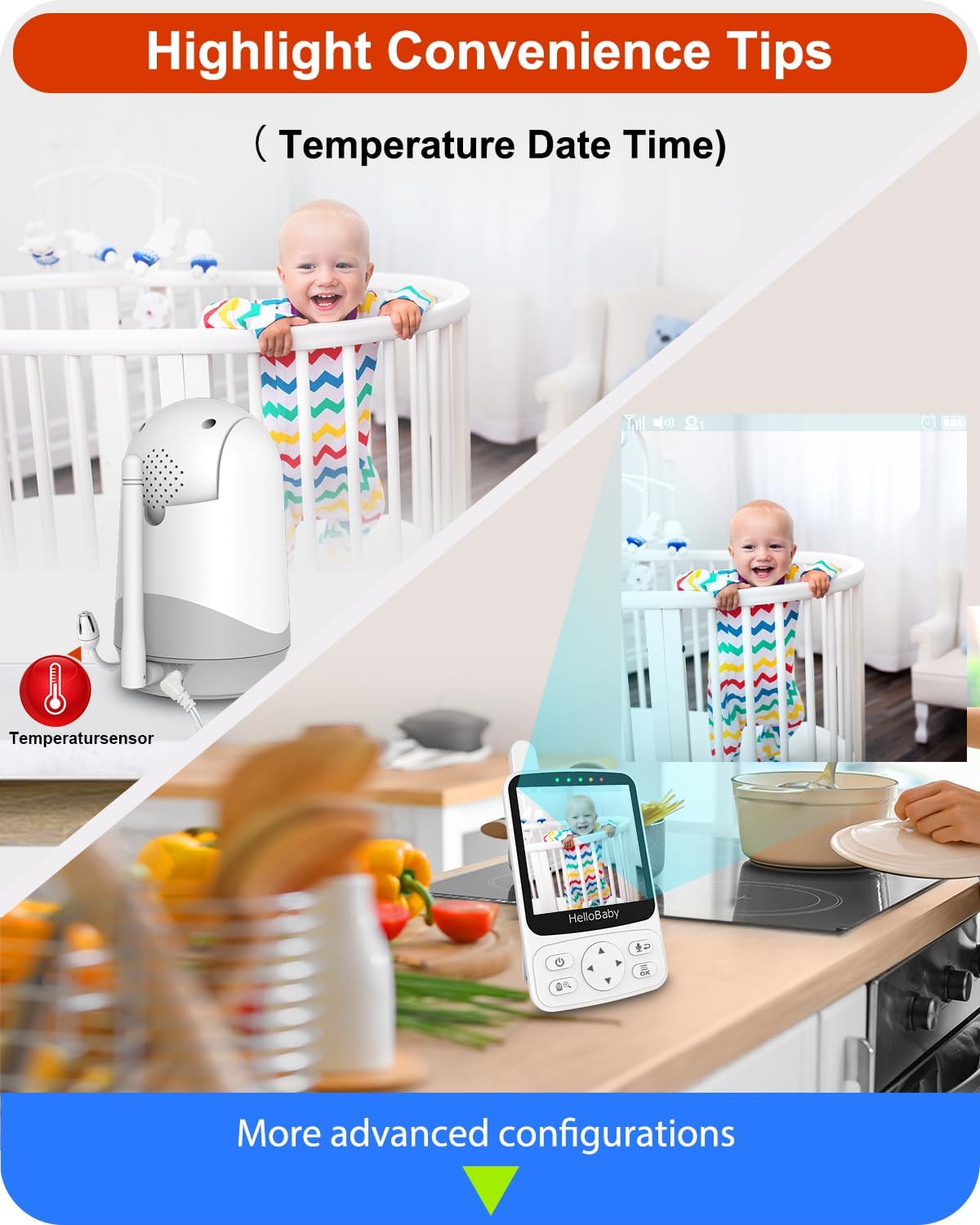 HelloBaby Baby Monitor No WiFi,2800mAh Portable Battery (26H ECO),Night Vision Pan Tilt Zoom,1000ft Range,2-Way Audio for Baby,Pet,Elderly &Travel