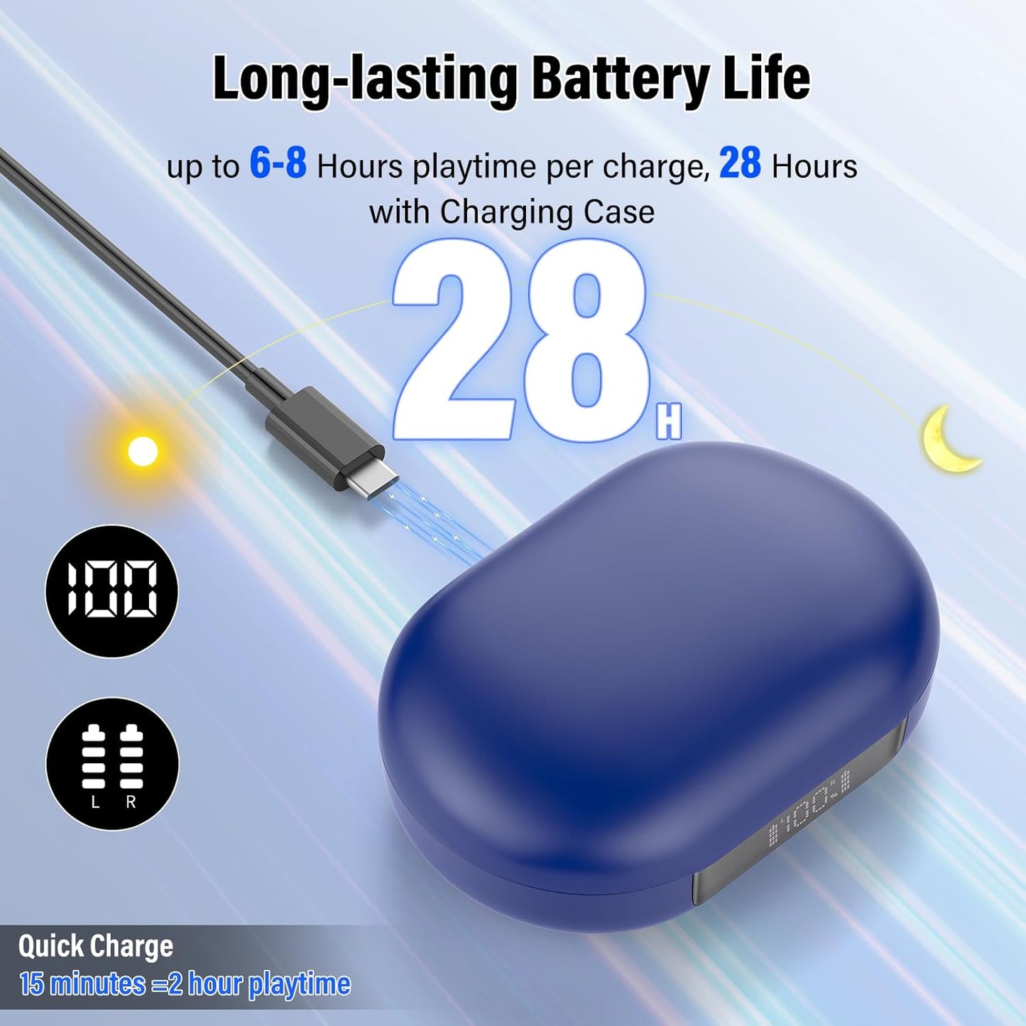 STECEi Open Ear Headphones, Bluetooth 5.4 Earphones 36H Playtime Air Conduction Headphones with Mic, Adjustable Earhook Earbuds with ENC Clear Calls/LED Display, IPX7 Waterproof Open Ear Earbuds Blue