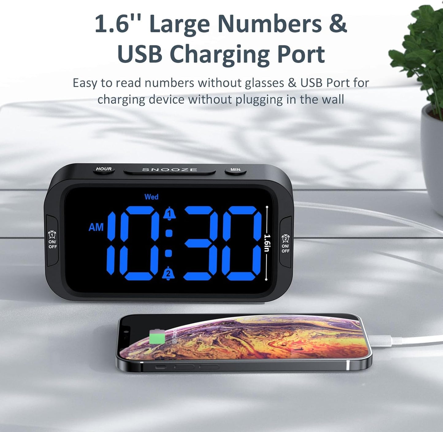 Odokee Digital Dual Alarm Clock for Bedroom, Easy to Set, 0-100% Dimmer, USB Charger, 5 Sounds Adjustable Volume, Weekday/Weekend Mode, Snooze, 12/24Hr, Battery Backup, Compact Clock for Bedside(Blue)