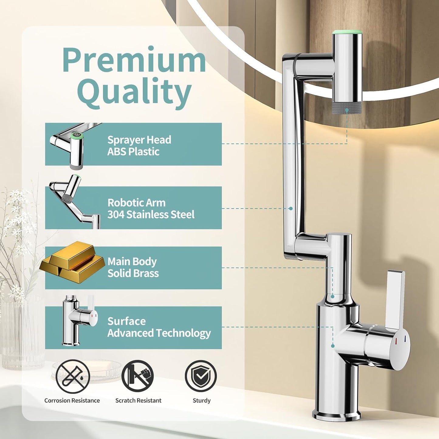 EAARSUO Single Hole Rotatable Bathroom Faucet with Temperature Display, Single Handle Modern Rotating Bathroom Sink Faucet 1 Hole, 1080 Degree Swivel Faucet with 2 Water Outlet Modes (Black)