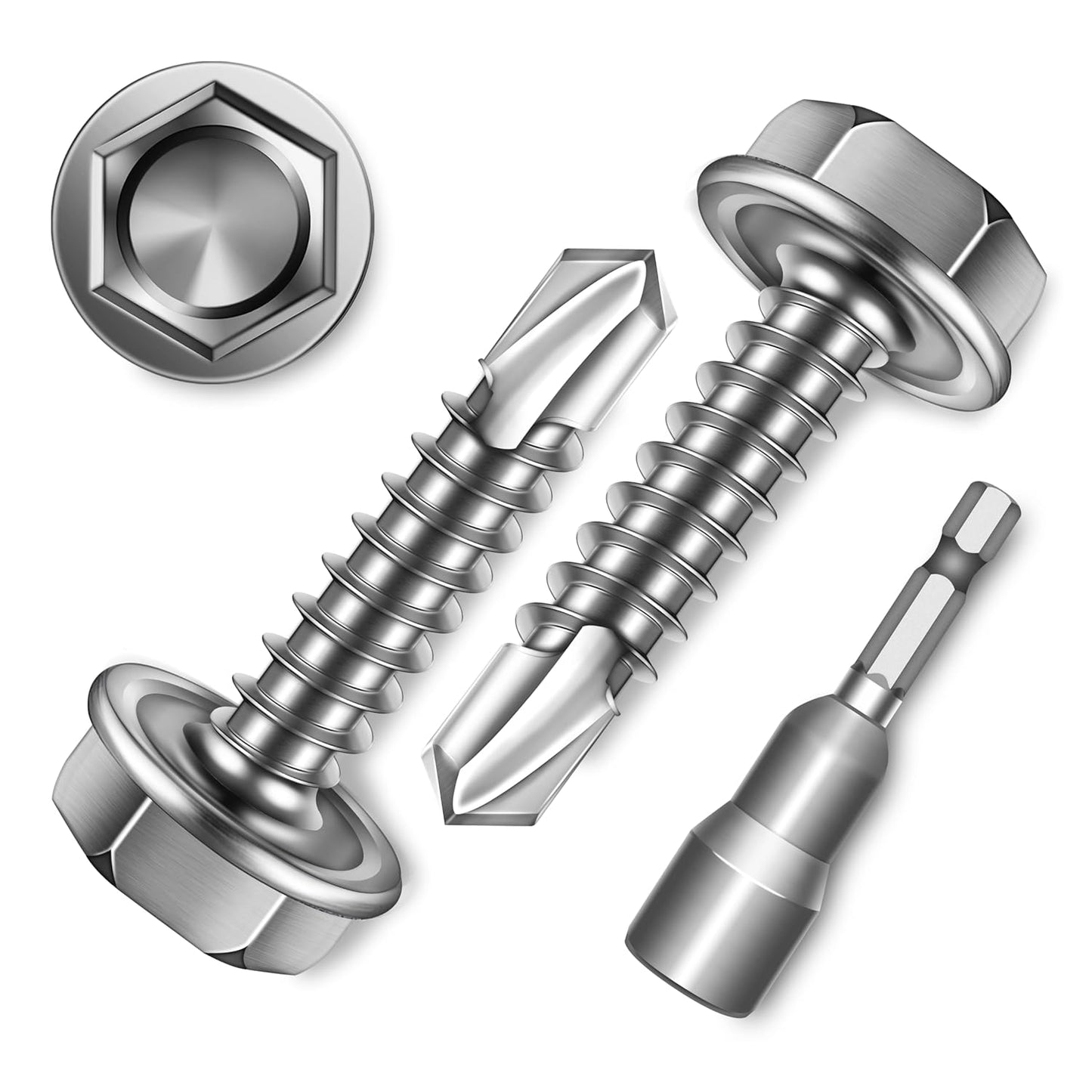 EASTPUK 100Pcs #8 x 1/2" Sheet Metal Screws, 410 Stainless Steel Self Drilling Hex Washer Head Self Tapping Screws for Metal with Drill Bit