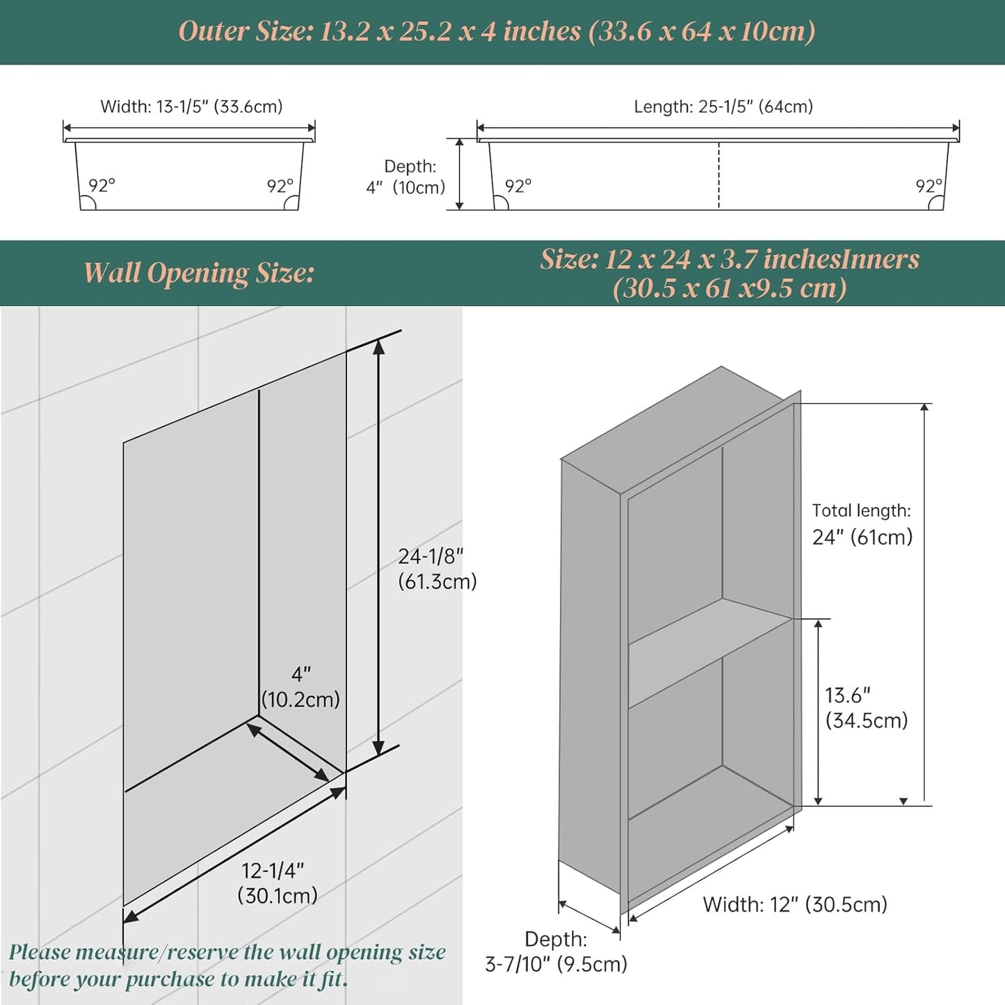 BLYLUND Shower Niche 12" x 24" NO Tile Needed,Matte Black Double Shelf Organizer, Square Corners Wall-Inserted Niche Recessed Shower Shelf Modern Soap Niche for Bathroom