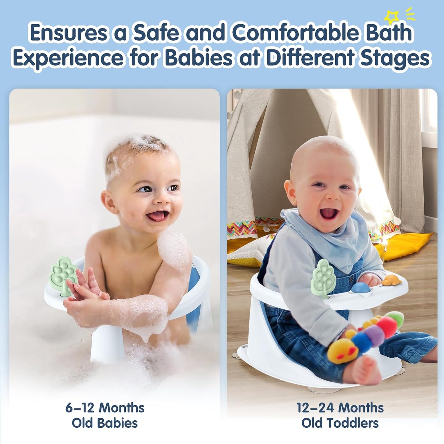 Baby Bath Seat for Babies 6 Months & Up, Non-Slip with Suction Cups, Safe & Comfortable Infant Bath Seat for Bathtub, Grey