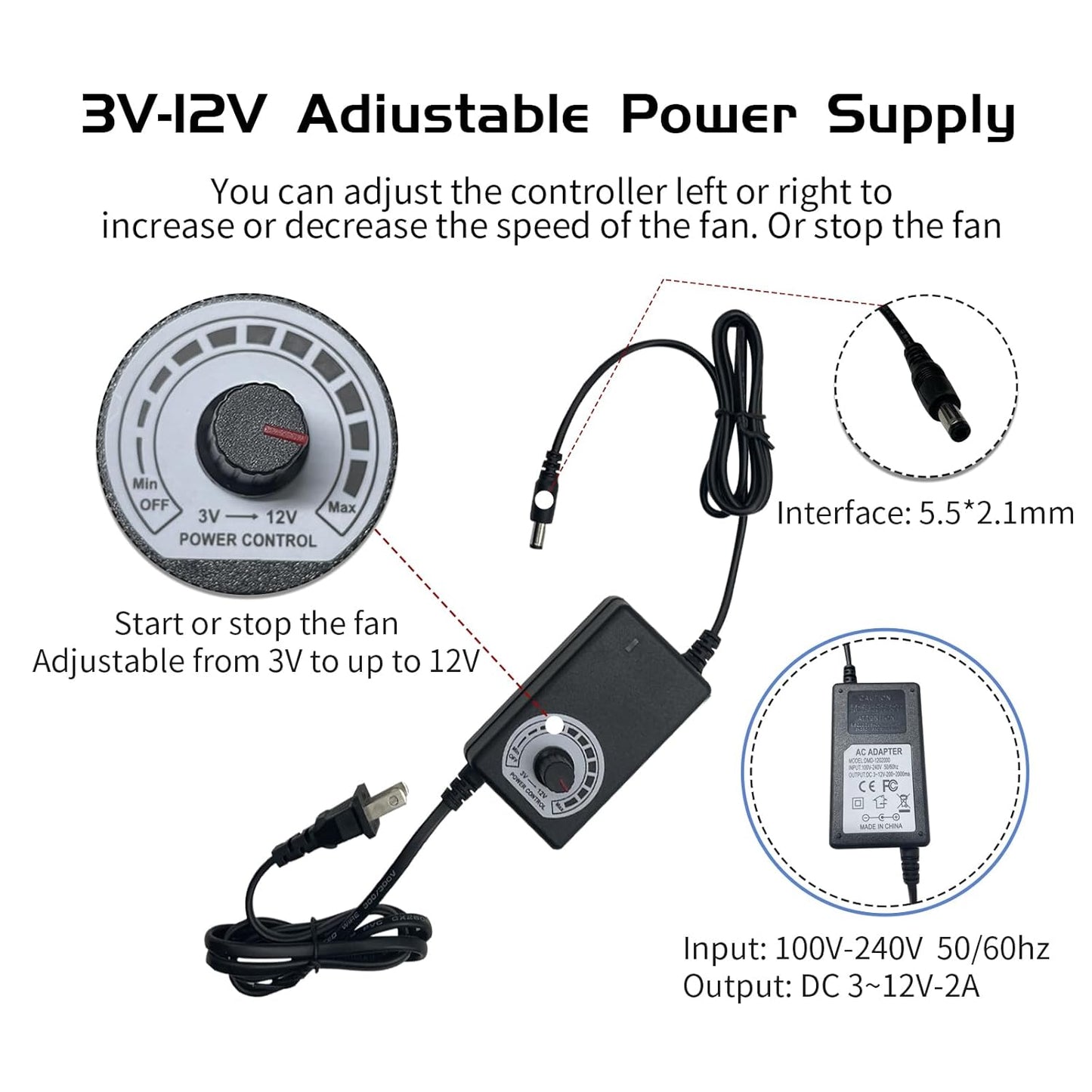 120mm Case Fan with Variable Speed Controller 3V to 12V, Axial Computer Fan with AC Plug 110V 120V 220V, Quiet Brushless USB Fan for PC Computer Cooling Biltong Box Cabinet Receiver Xbox DVR, 2 Pack
