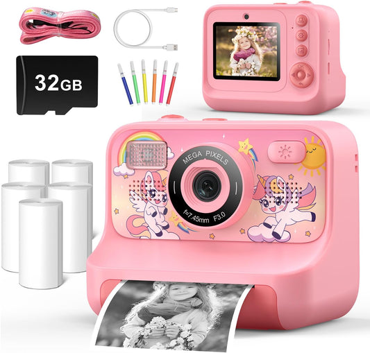 Instant Print Camera for Kids Age 3-12 Girls Boys 1080P Selfie HD Digital Video Cameras with 6 Print Paper & 32G Card Toddler Portable Travel Toys Camera for Christmas Birthday Gifts
