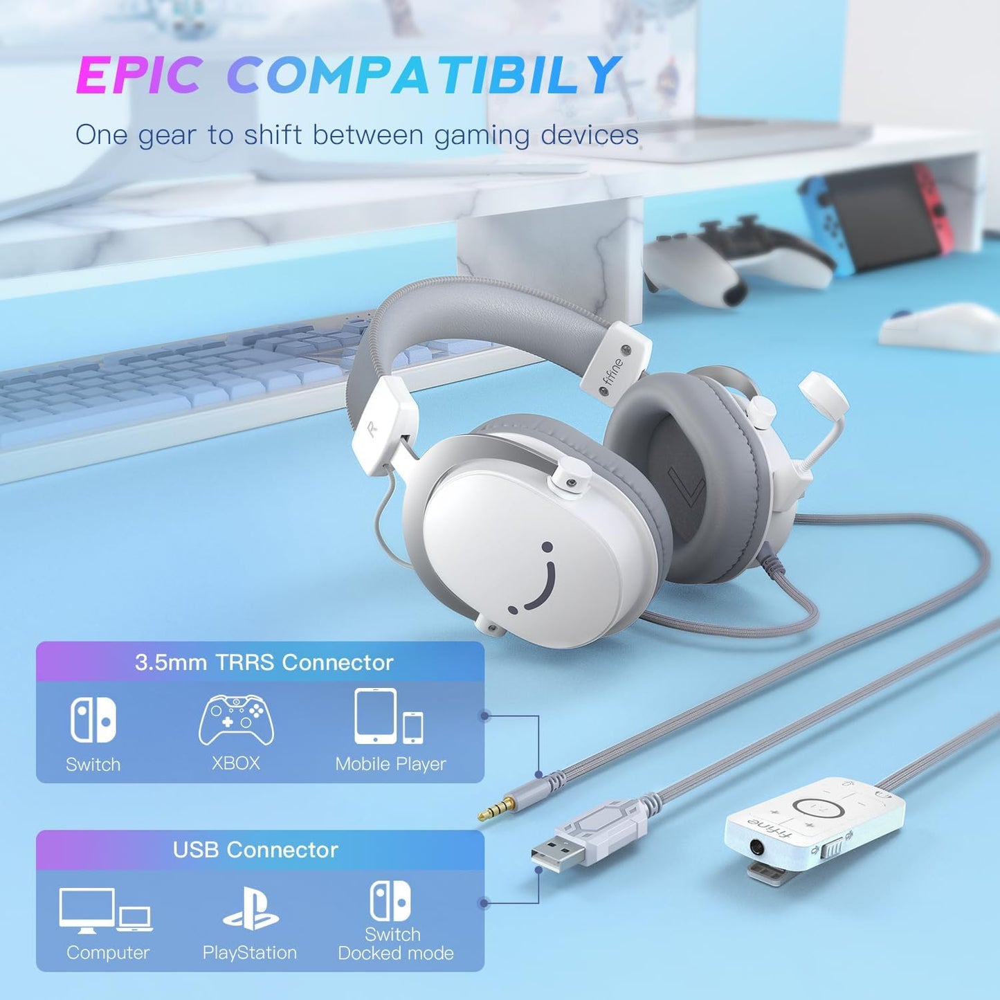 Fifine PC Gaming Headset with USB/3.5mm Jack for Laptop Computer, Over Ear Wired Headphones with 7.1 Surround Sound, Detachable Microphone, Volume Control, Noise Cancelling for PS5/Xbox/Switch-H9