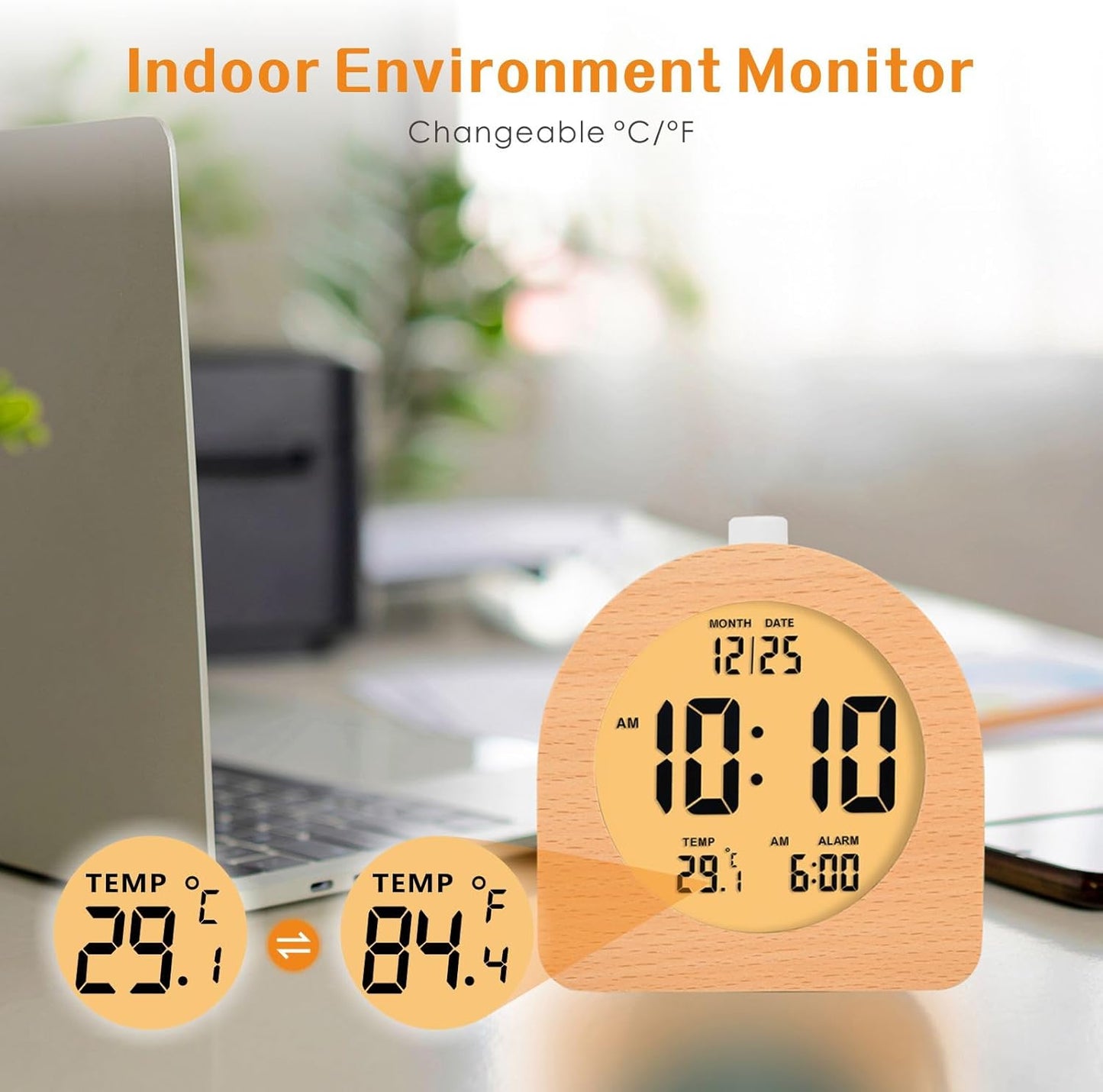 Plumeet Wooden Digital Alarm Clock for Bedrooms, Wood 4'' Battery Powered Alarm Clock with Snooze and Nightlight, Electronic LCD Desk Clock Display Time, Date, Temp, 12/24H, Wood Décor (Sapele, 3.2'')