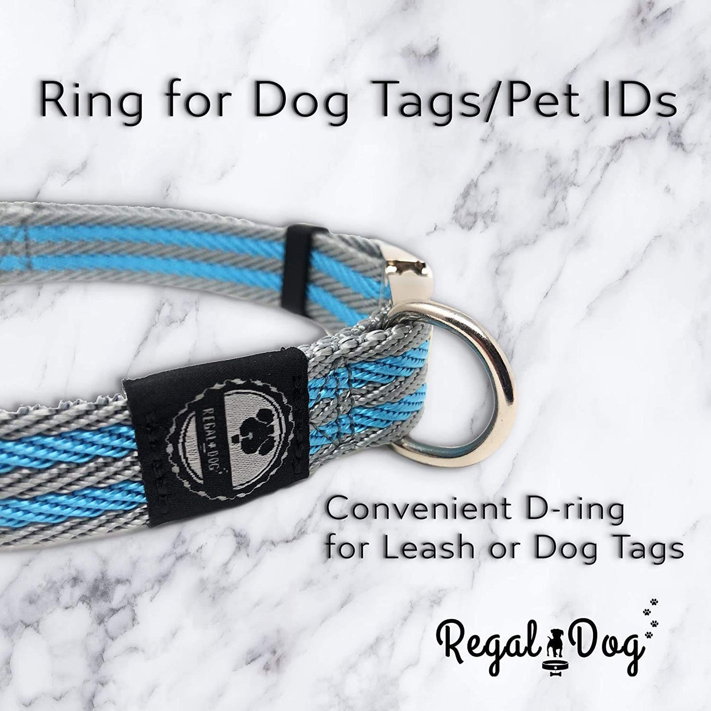 Regal Dog Products Pet Collar with Metal Buckle and D Ring | Durable Dog Collar with Reinforced Metal Clasp and Nylon Webbing Adjustable Dog Collar to fit for Large Dogs (Large, Blue/Gray Stripe)
