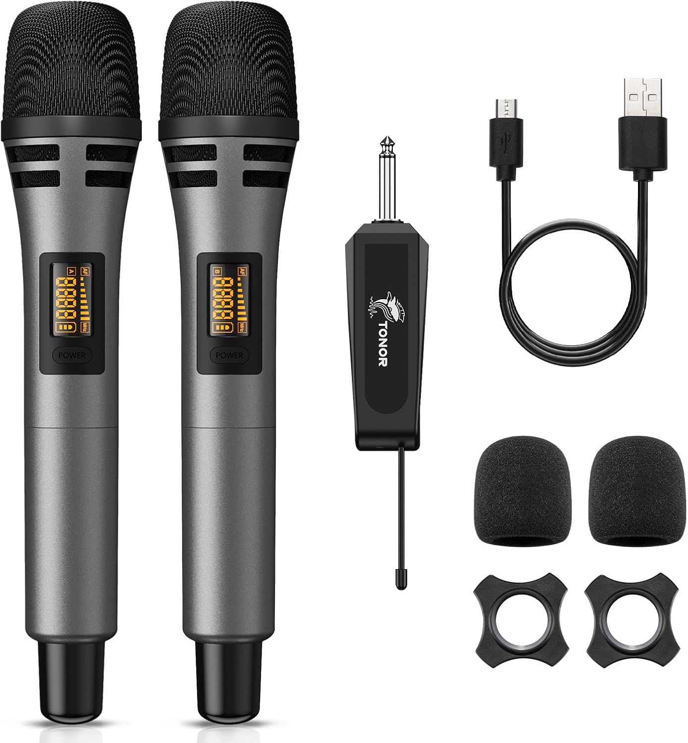 TONOR Wireless Microphones, UHF Dual Karaoke Microphone System, Microfonos Inalambricos with Rechargeable Receiver, Cordless Dynamic Mic for Singing, Wedding, DJ, Party, Speech TW320 Grey