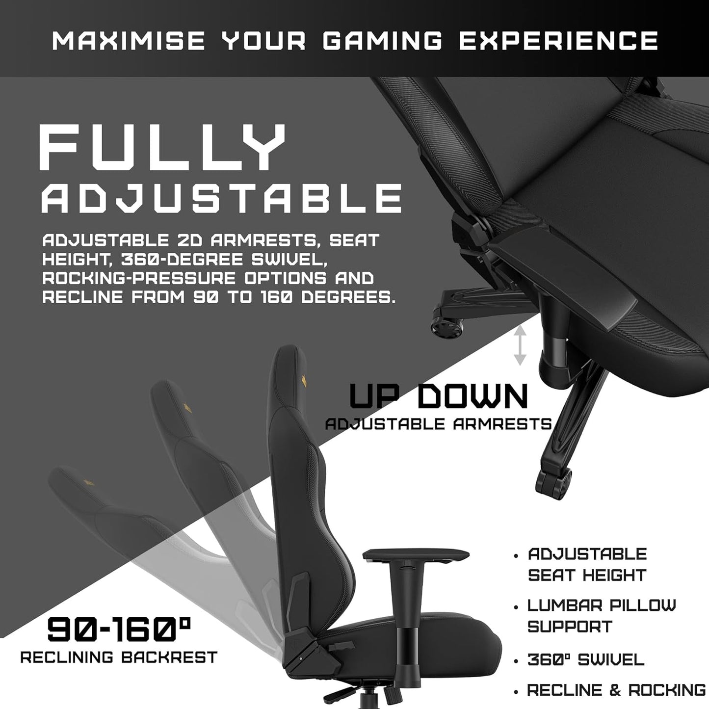 Anda Seat Phantom 3 Gaming Chairs for Adults - Large Ergonomic Computer Chair with Lumbar Support, Comfortable Leather Video Game Chairs with Headrest - Black Gold Recliner Desk Gaming Office Chair