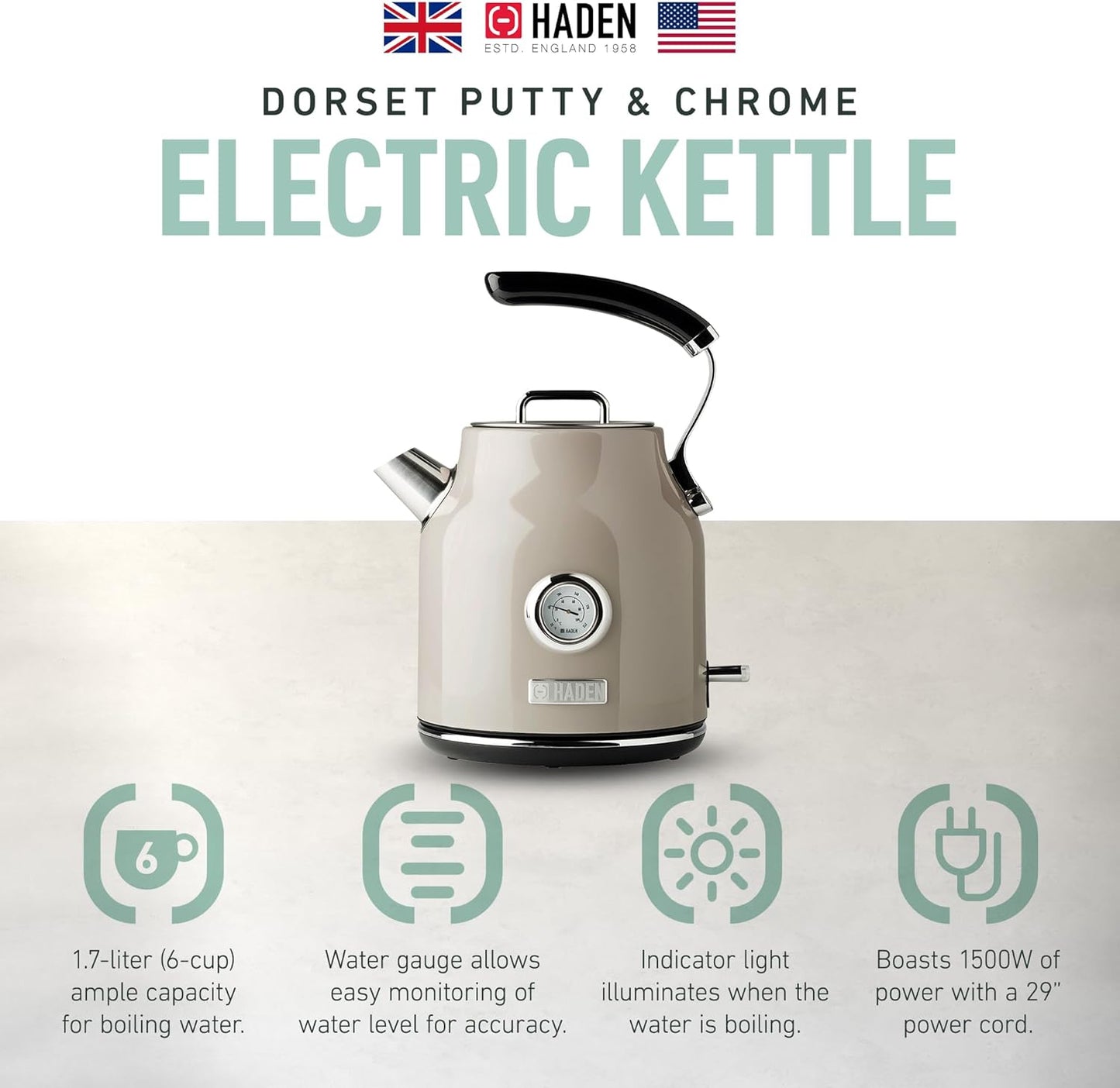 Haden Dorset 75070 Retro Stainless Steel Tea Kettle, 1500W Hot Water Kettle Electric Kettles for Boiling Water, 1.7L Black/Copper Electric Tea Kettles Automatic Shut Off, Boil-Dry Protection Tea Pots