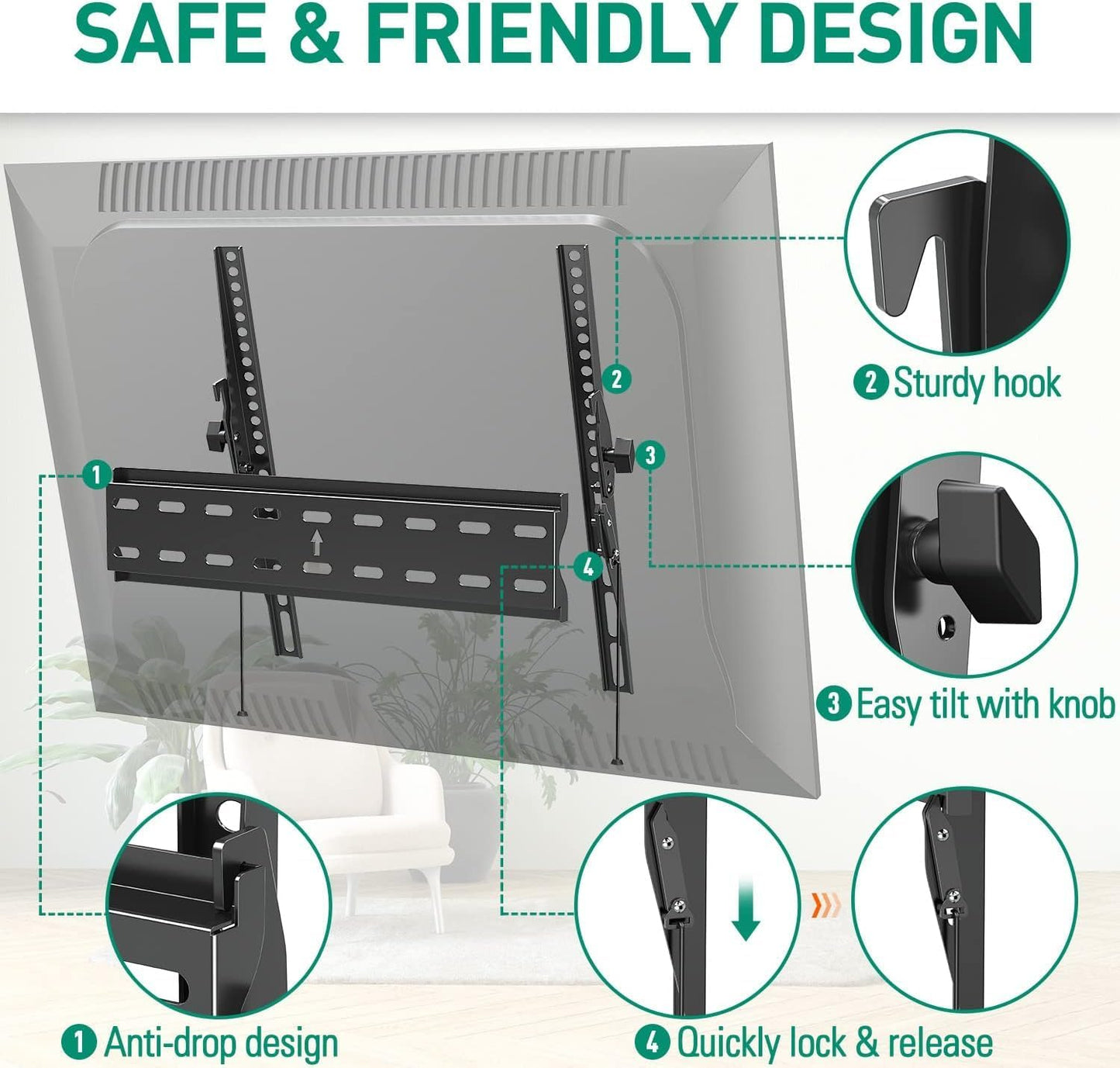 Tilting TV Wall Mount Bracket, Universal TV Mount Low Profile for 26-55 Inch Flat Screen TVs, Ultra Slim, Easy to Install with Tilting Knob, Fits 12''/16'' Studs, Max VESA 400x400mm, 99 lbs. ELIVED
