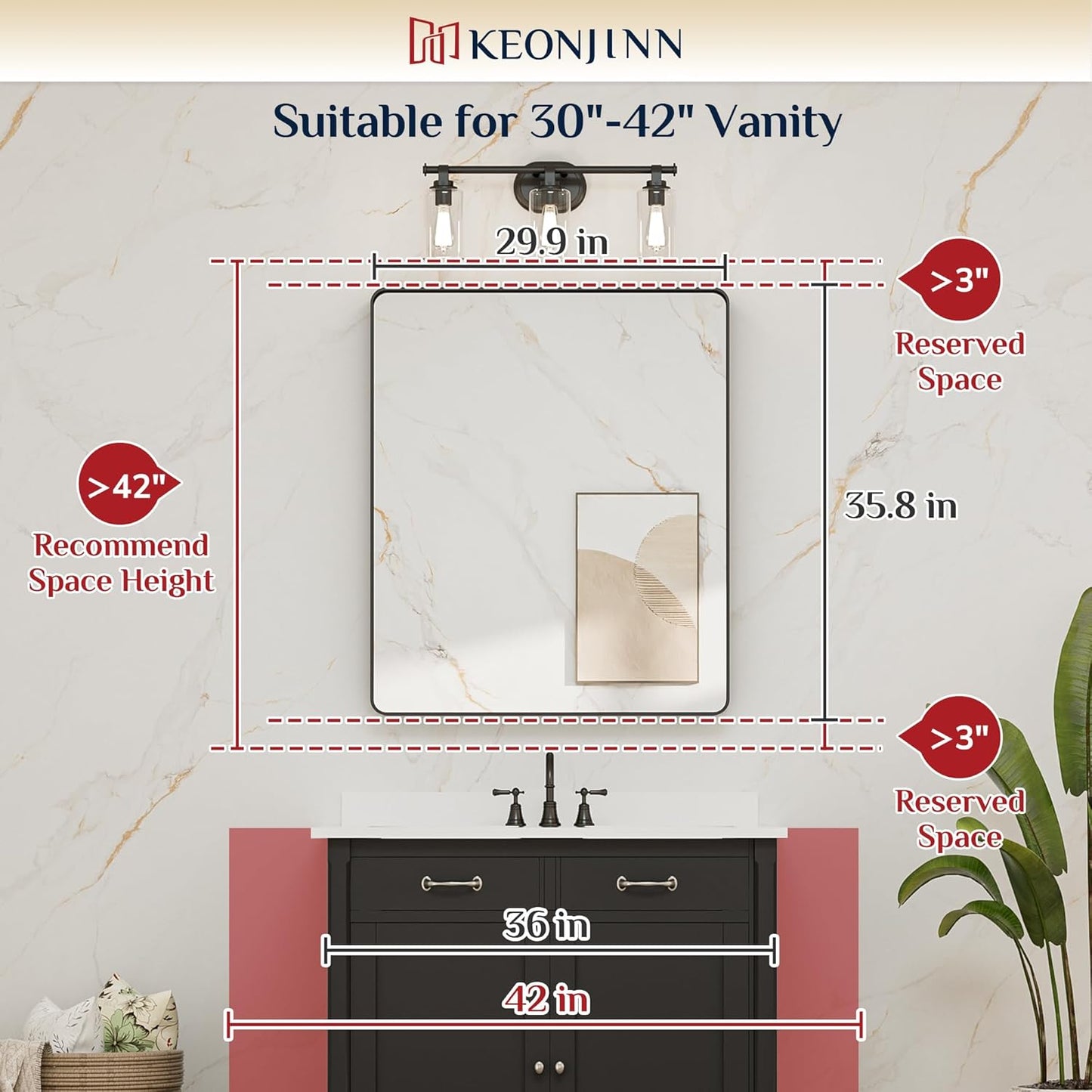 Keonjinn 42 x 36 Brushed Nickel Bathroom Vanity Mirror, Large Rounded Rectangle Bathroom Mirrors for over Sink, Metal Framed Silver Mirror for Wall, Shatterproof HD Tempered Glass(Horizontal/Vertical)
