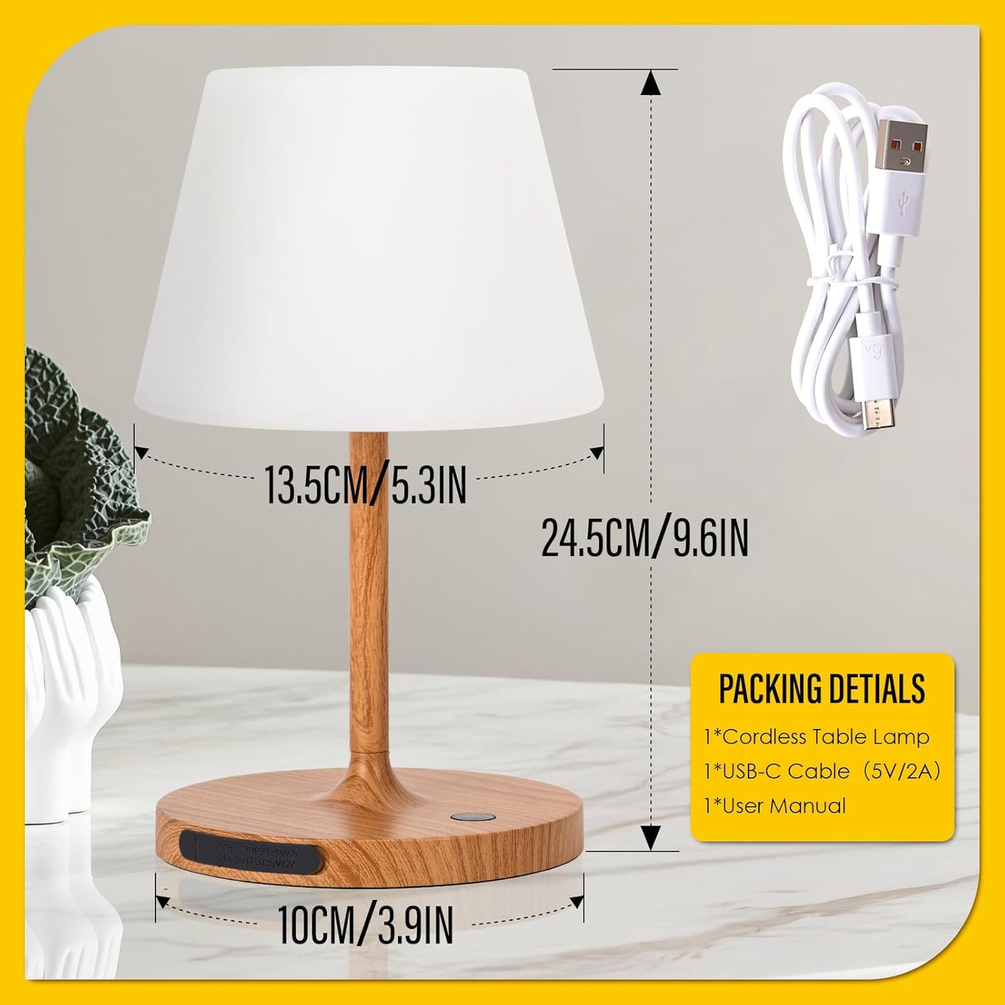 Cordless Outdoor Touch Table Lamp, Waterproof Small Shower Lamp, 4000mAh Battery Operated Rechargeable Dimmable Desk Lamp for Patio, Restaurant, Camping, Home-Wood Grain