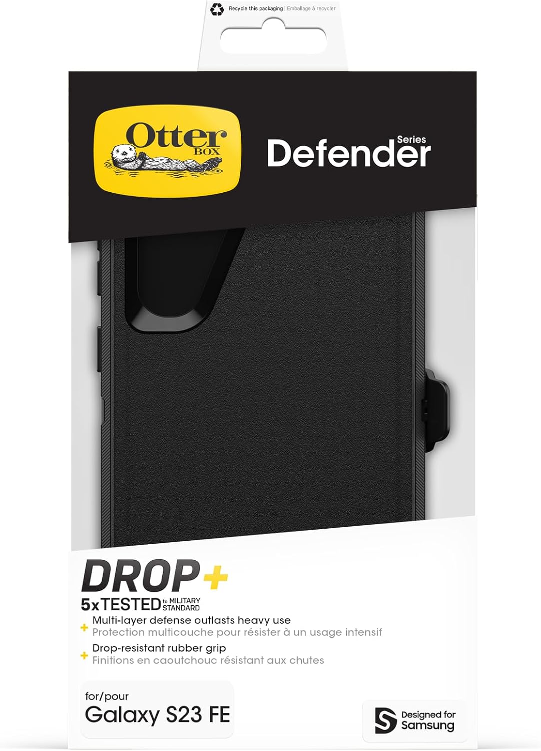 OtterBox Galaxy S23 FE Defender Series Case - Black, Rugged & Durable, with Port Protection, Includes Holster Clip Kickstand