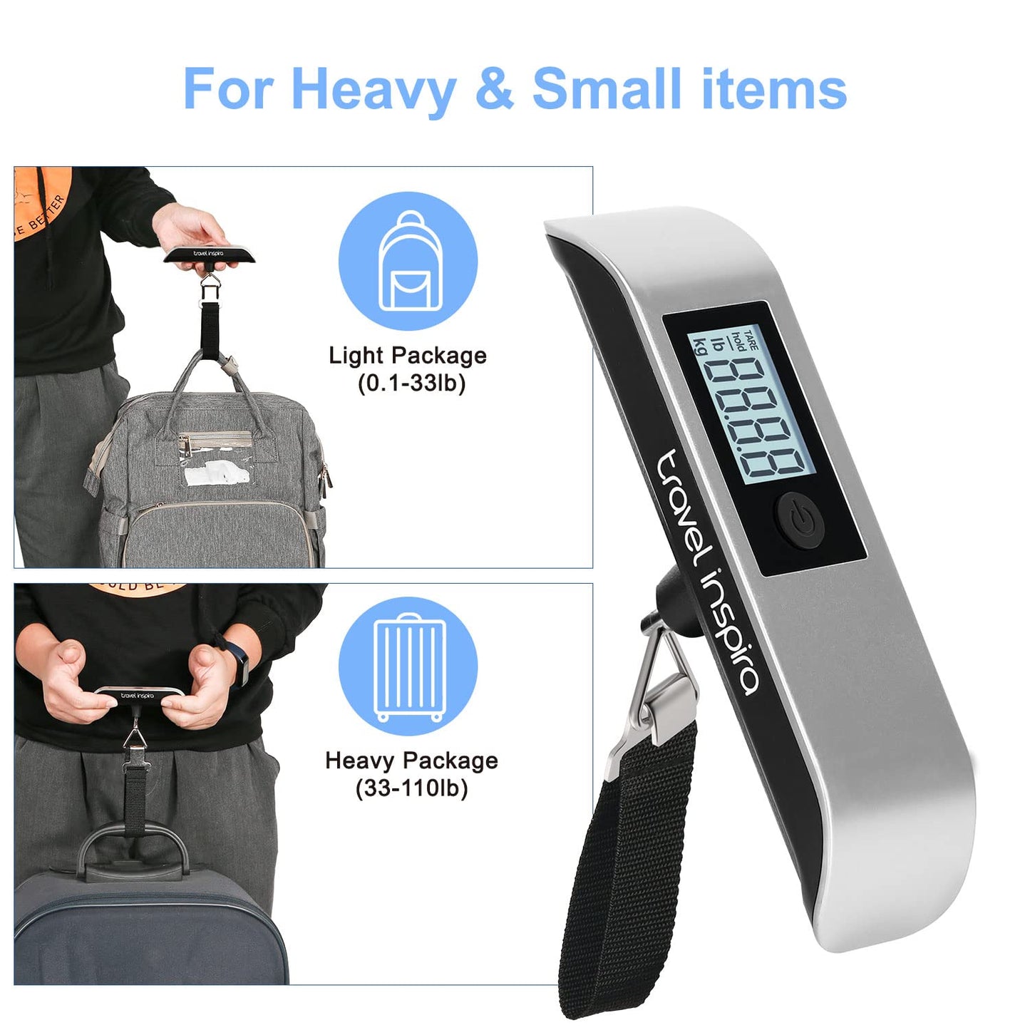 travel inspira Luggage Scale, Portable Digital Hanging Baggage Scale for Travel, Suitcase Weight Scale with Rubber Paint, 110 Pounds, Battery Included - Blue