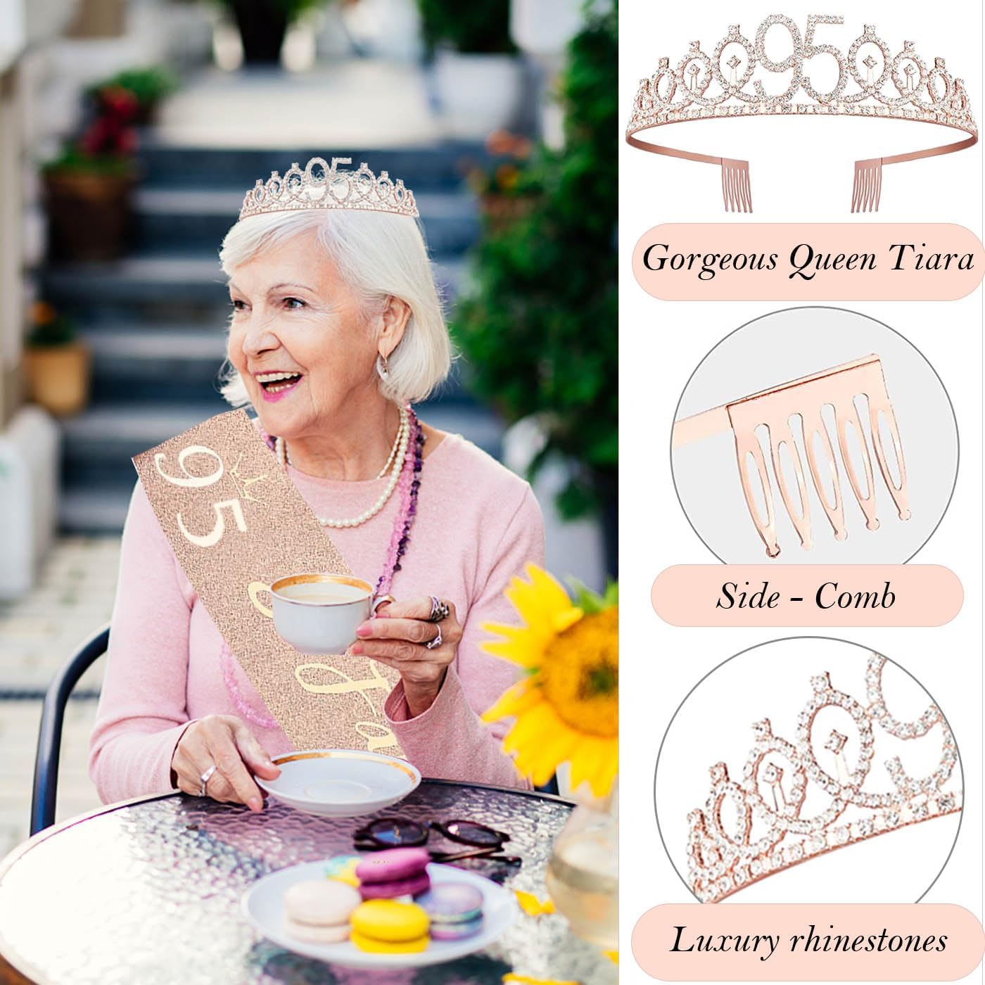 8pcs 40th Birthday Decorations gifts for Women, Including 40th Happy Birthday Cake Topper, Queen Sash with Pearl Pin, Sweet Rhinestone Tiara Crown for Women, Number Candles and Balloons (Rose Gold)