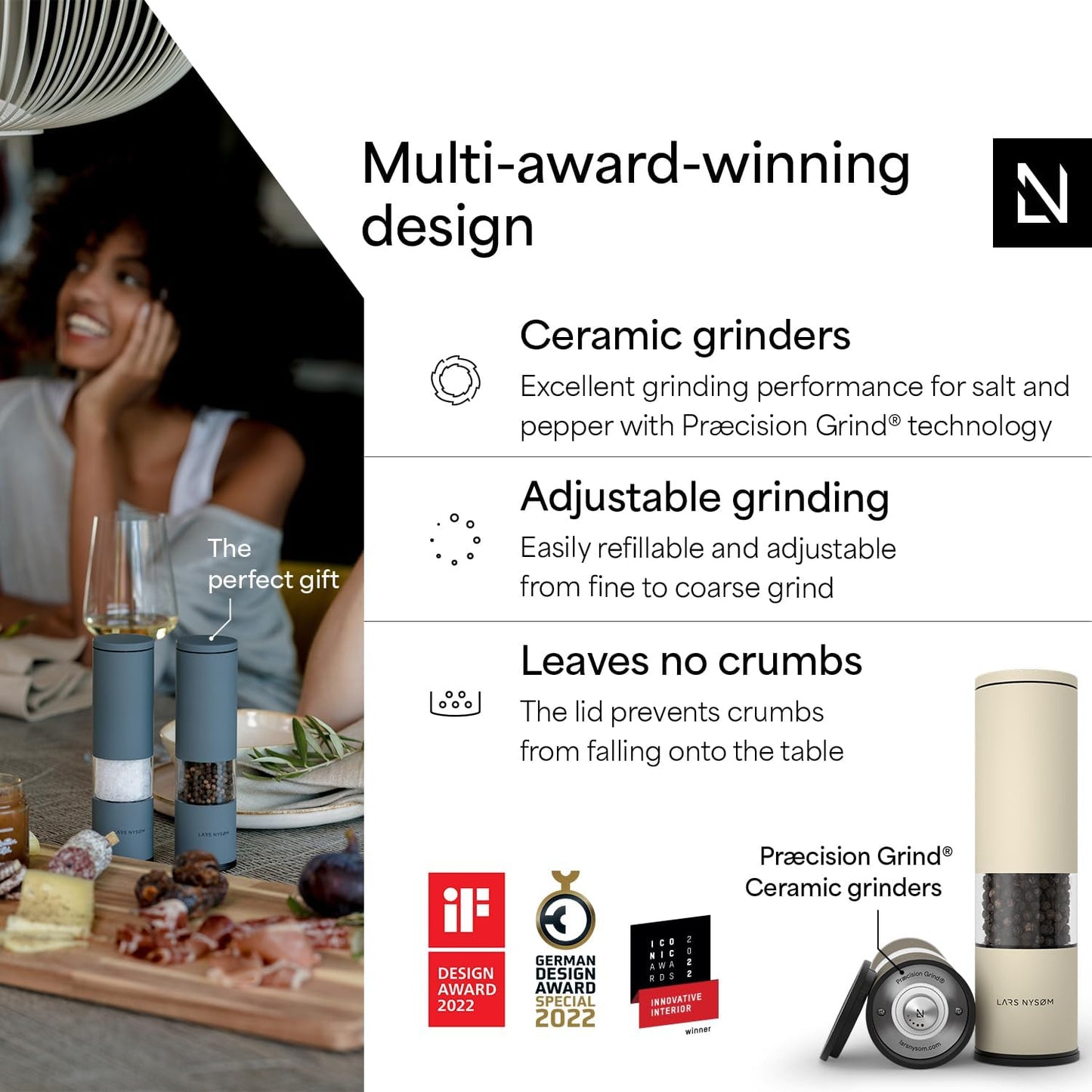 LARS NYSØM Salt and Pepper Mills Set Stainless Steel with Adjustable Ceramic Grinder 2 Pieces I Design Spice Mills Set Manual (Mustard Yellow)