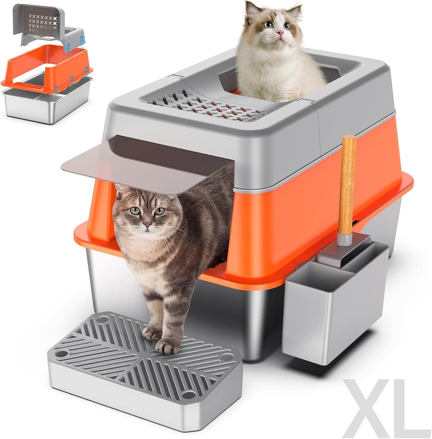 Stainless Steel Litter Box with Lid, XL Extra Large Enclosed Cat Litter Box for Big Cats 110° Flip Cover, Top Entry Metal High Sided Litter Box & Pedal & Scoop, Anti-Leakage (Grey)