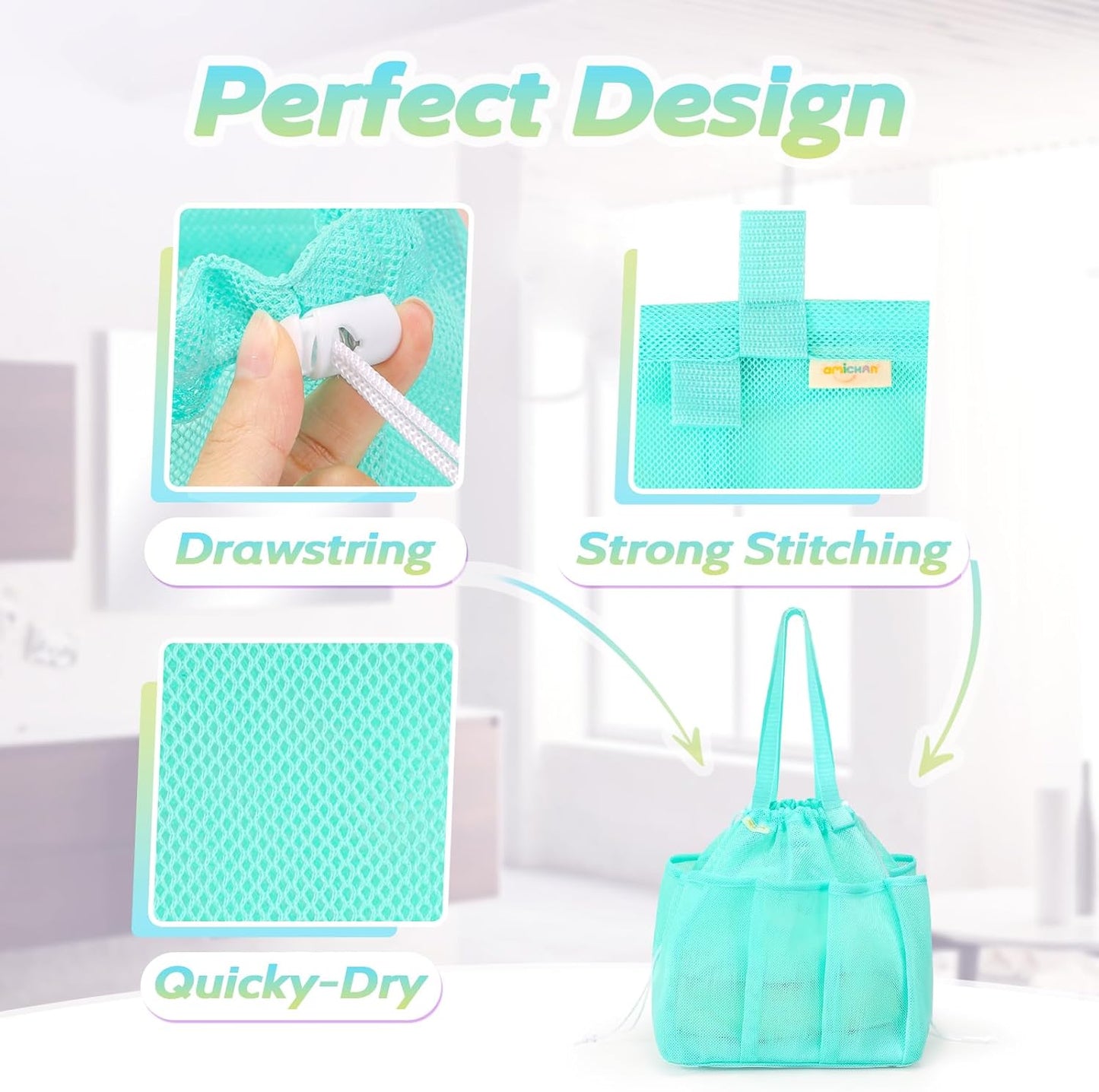 famichan Mesh Shower Caddy Portable, Dorm Room Essentials for College Students, Large Capacity with 8 Pockets Shower Bag for Camping,Swimming,Gym,Travel