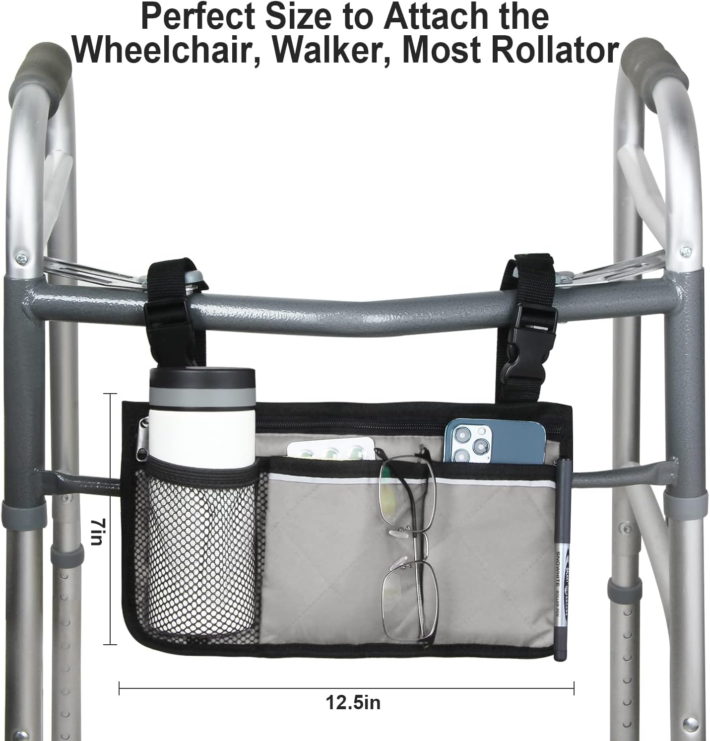 Wheelchair Side Bag, Wheelchair Armrest Storage Pouch with Cup Holder and Reflective Strip for Wheelchairs, Walkers or Rollators (Black)