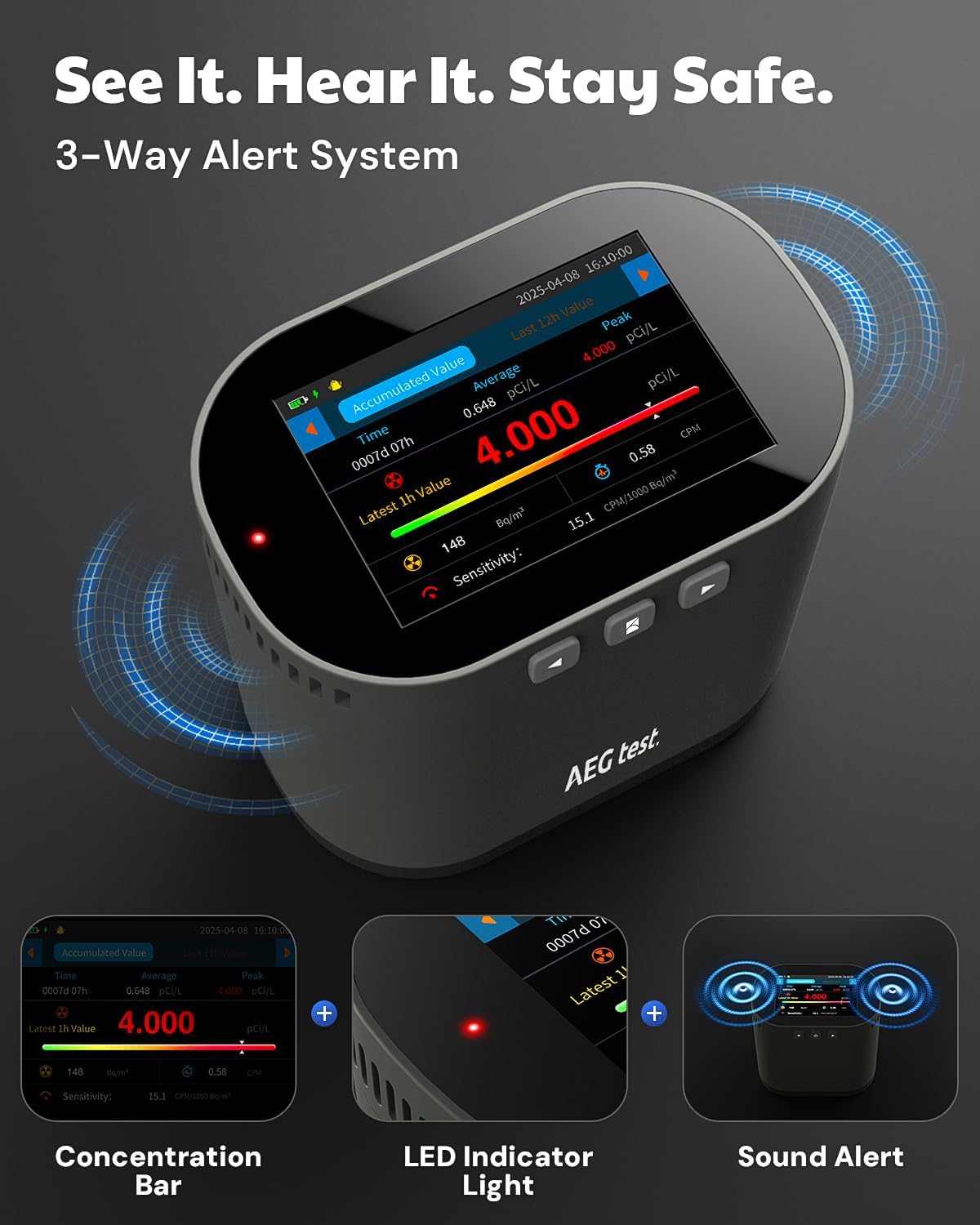 AEGTEST HOUND-3786 Radon Detector for Home, 10-Min Update, 3.5" Large Display, Rechargeable, Long-Term Radon Monitoring with Data Charts, Audible & Visual Alarm, PDF Export, pCi/L & Bq/m³ -Black