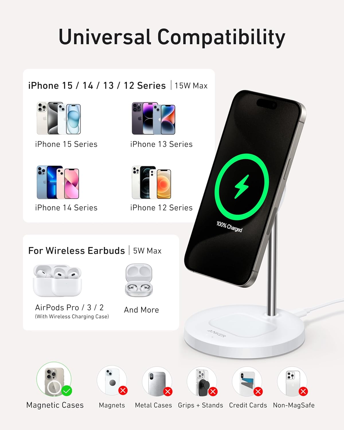 Anker MagSafe Compatible MagGo Charger Stand, iPhone 16 Wireless Charger, 2-in-1 Charging Station, Qi2 Certified 15W Max Charging, for iPhone 16/15/14/13/12, AirPods Pro (White, with 40W Adapter)